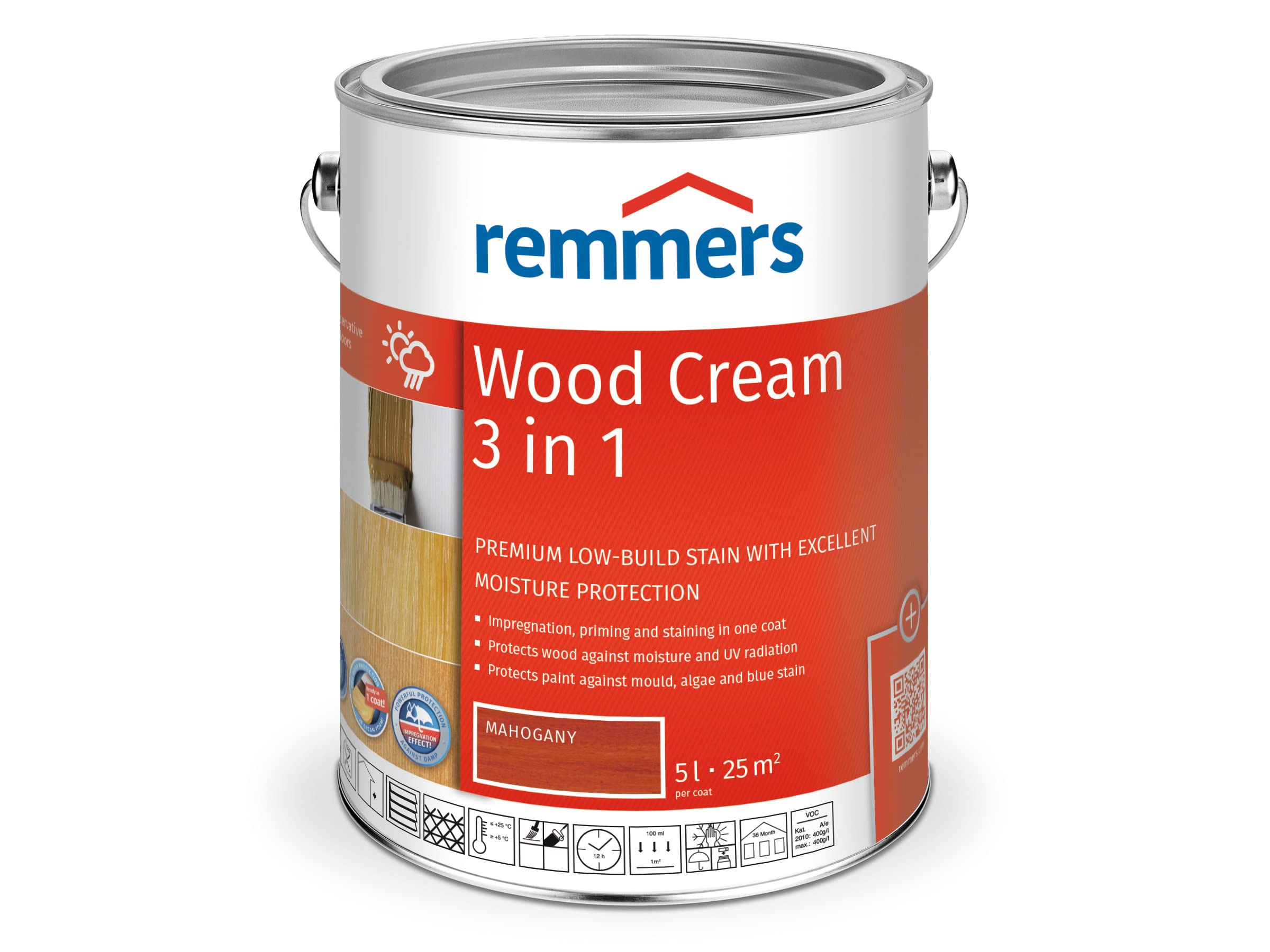 Remmers Wood Cream Mahogany, 5 litres, Professional Wood Protection in Cream Form, Decorative Premium Wood Stain for Exterior use, 3-fold Wood Protection with Impregnation + Primer + Stain — image 1