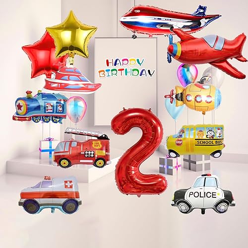 Miniatura 6 de 12 unidades de camión de transporte, avión, autobús escolar, camión de bomberos, policía, barco, ambulancia, submarino, número de cumpleaños, globos