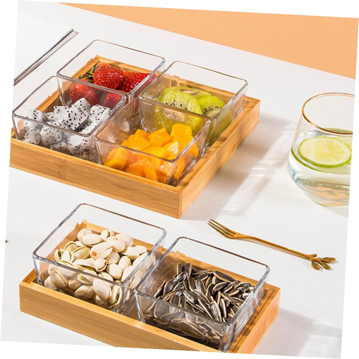 SEWACC Plateau à Fruits Compartimenté en Verre Transparent 4 Sections sans Couvercle Assiette à Noix et Plateau de Service pour Collations pour Fruits Secs et Apéritifs