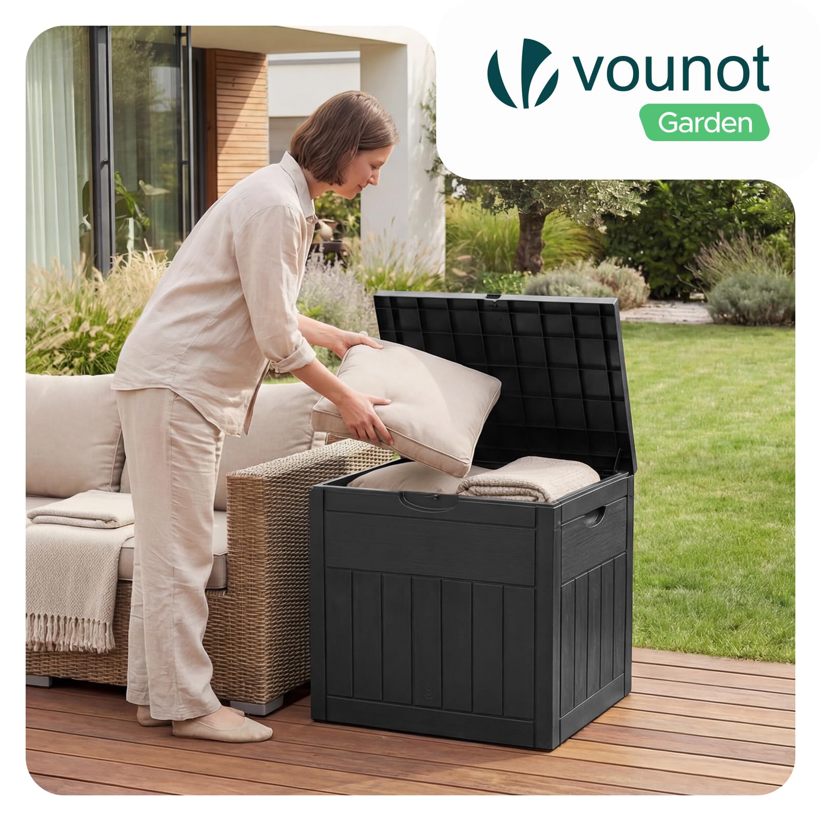 VOUNOT® 126L Outdoor Storage Box with Lid, Lockable Garden Storage Chest, Waterproof Plastic Deck Box for Cushions, Tools & Parcel Delivery, Rattan Effect, Black - 4