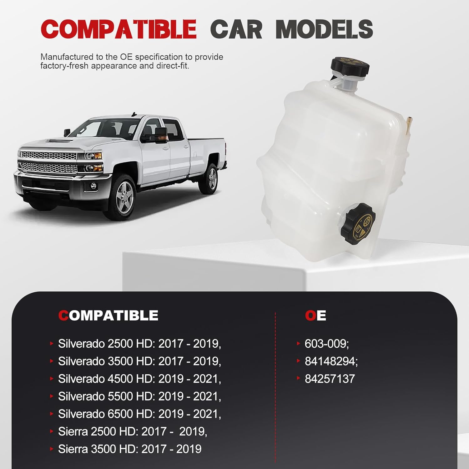 84257137 Radiator Surge Tank Coolant Reservoir with Cap, Hose & Sensor for 2017-2019 Silverado & Sierra 2500HD 3500HD, 2019-2021 Silverado 4500HD 5500HD 6500HD 84214124 84174037 84138913 603-009