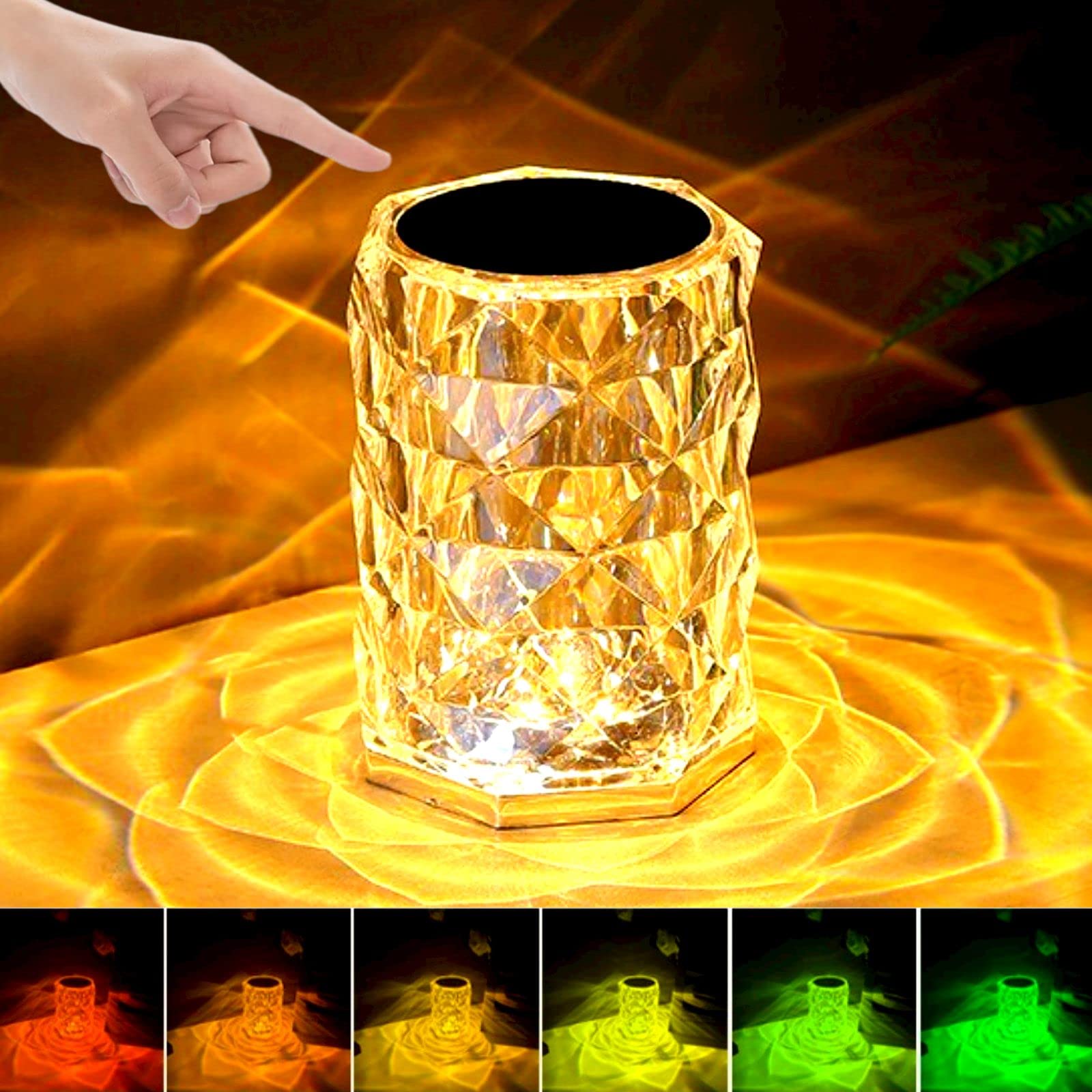 Cresitch Crystal Diamond Tafellamp, Touch Control Rose Crystal Lamp, 16 Kleuren Veranderende Lamp Bedlampje Met Usb-Poort, Oplaadbaar Led-Nachtlampje (12.8cm, 16 Colour