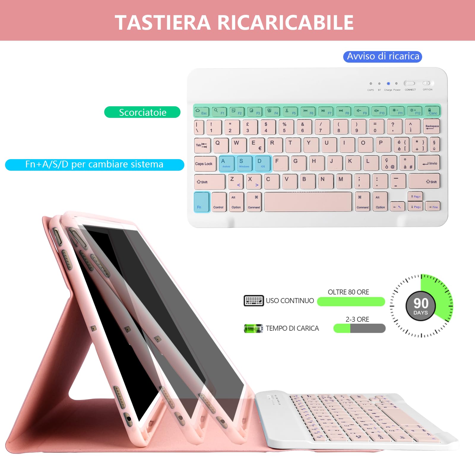 HOTLIFE Custodia Tastiera per iPad 10.2 7a Generazione 2019/8a Gen 2020/9a Gen 2021/iPad Pro 10.5/iPad Air 3, Magnetica Cover con Staccabile Bluetooth Wireless Layout Italiana Tastiera(Rosa)