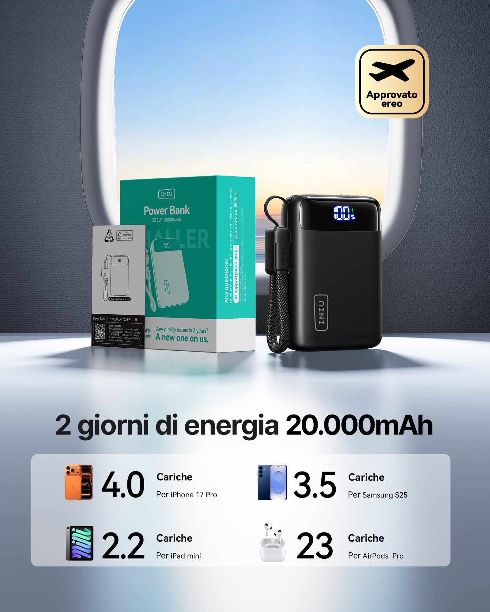INIU Ultrapiccolo 20000mAh Power Bank, 22,5W Ricarica Rapida Caricatore Portatile con Cavo USB C Staccabile, Essenziali da Viaggio, Caricatore Portatile per iPhone 17 16, Samsung S22, Xiaomi, iPad ecc