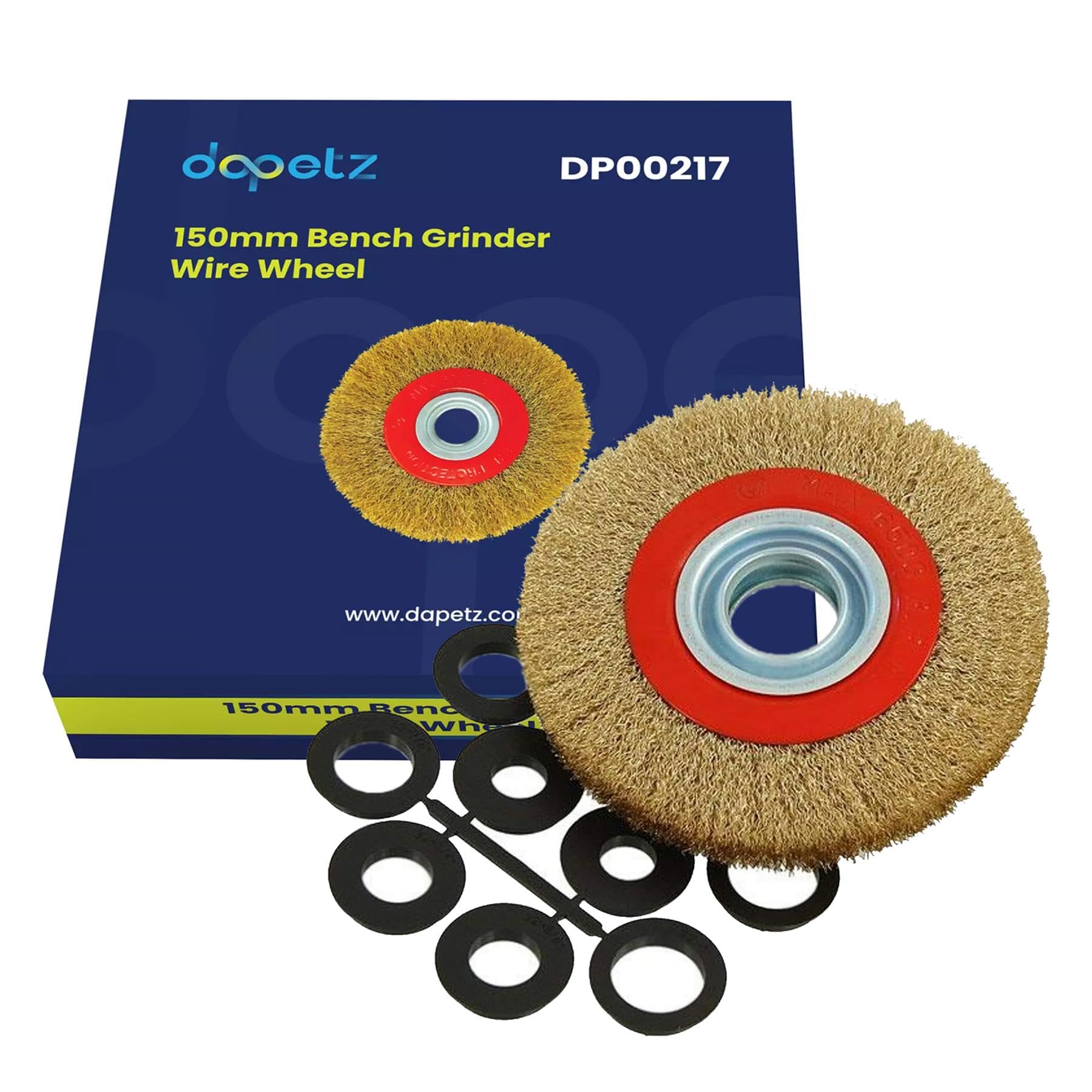 Dapetz 150mm 6" Bench Grinder Wire Wheel - Brassed Crimped Steel Wire Bristles - 10pcs Adaptor Rings - Cleaning, Derusting, Polishing โ image 1