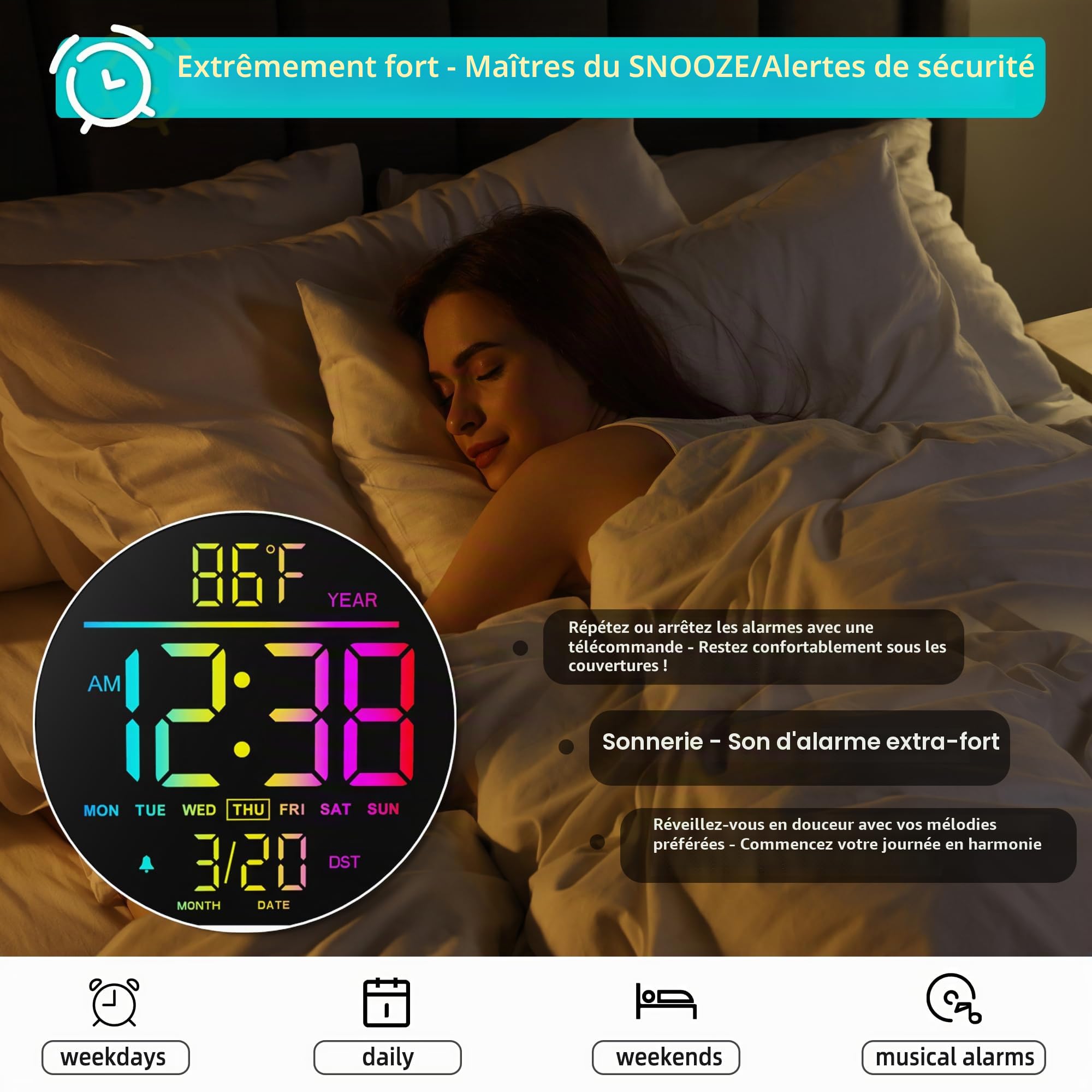 Maxstar 10" Horloge Murale Ronde Digitale avec Télécommande - Affichage Numérique LED - Grand Écran LED RGB, Luminosité Auto, Thermomètre, Alarme - Décor Salon/Chambre/Cuisine - Noir