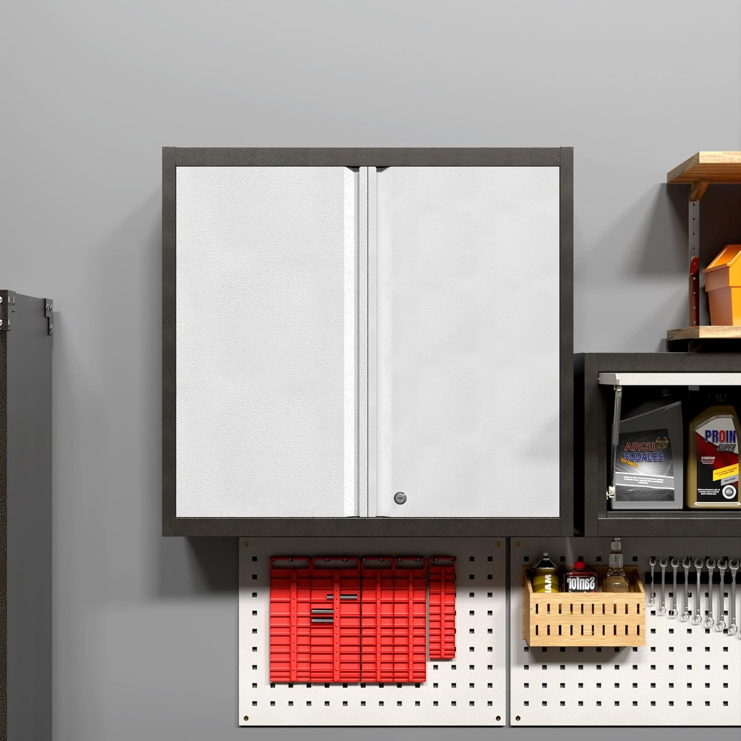 SUPEER Armario colgante de metal para herramientas con 1 estante ajustable en altura y 2 puertas, armario colgante de pared con cerradura de acero inoxidable, garaje, taller, cocina, 66 x 66 x 30 cm