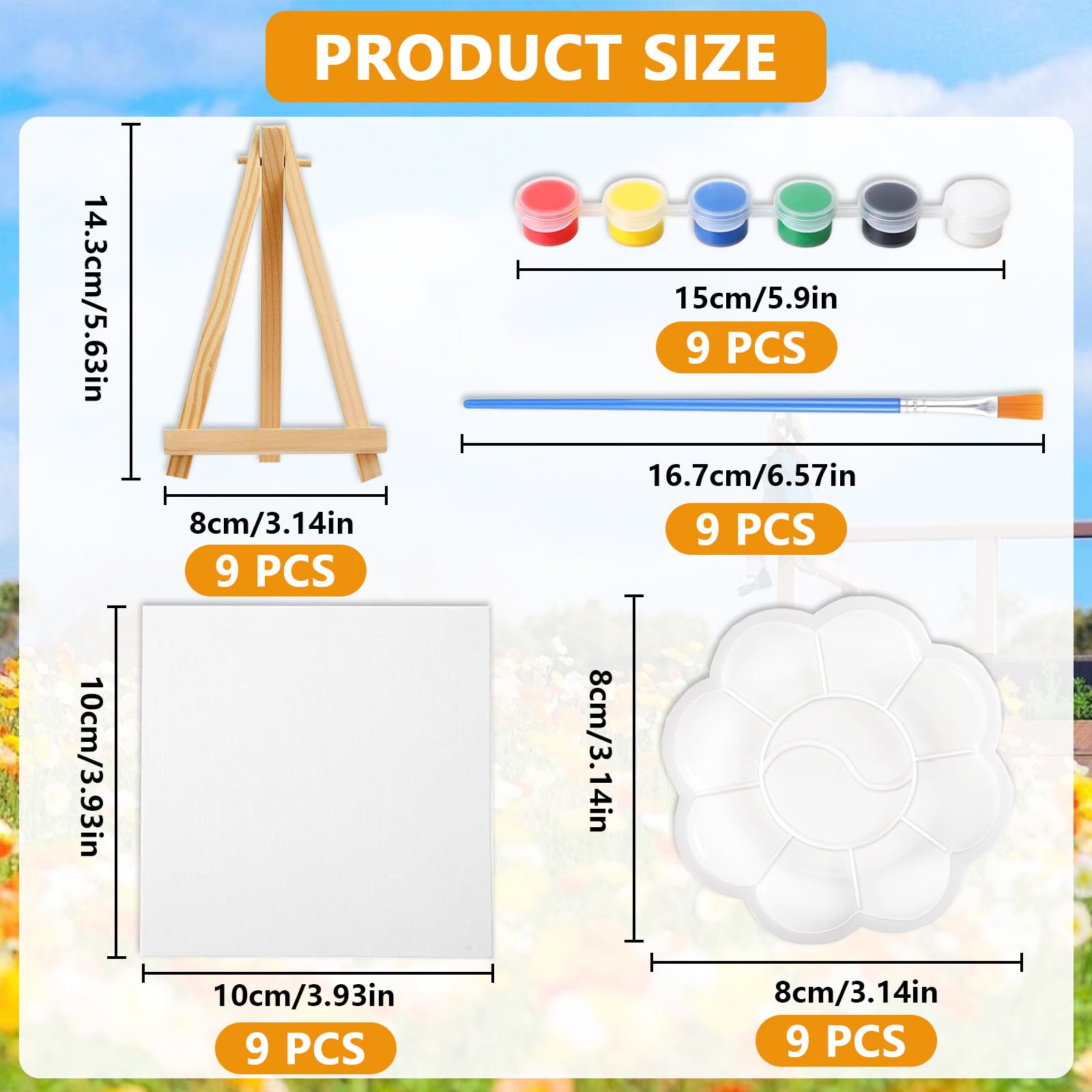 45 Stück Mini Leinwand mit Kunststaffelei, 9 kleine dreieckige Künstlerstaffelei mit 9 Leinwänden,9 Pinseln und 9 Farbpaletten und 9 Aquarellfarben für Amateure und Künstler