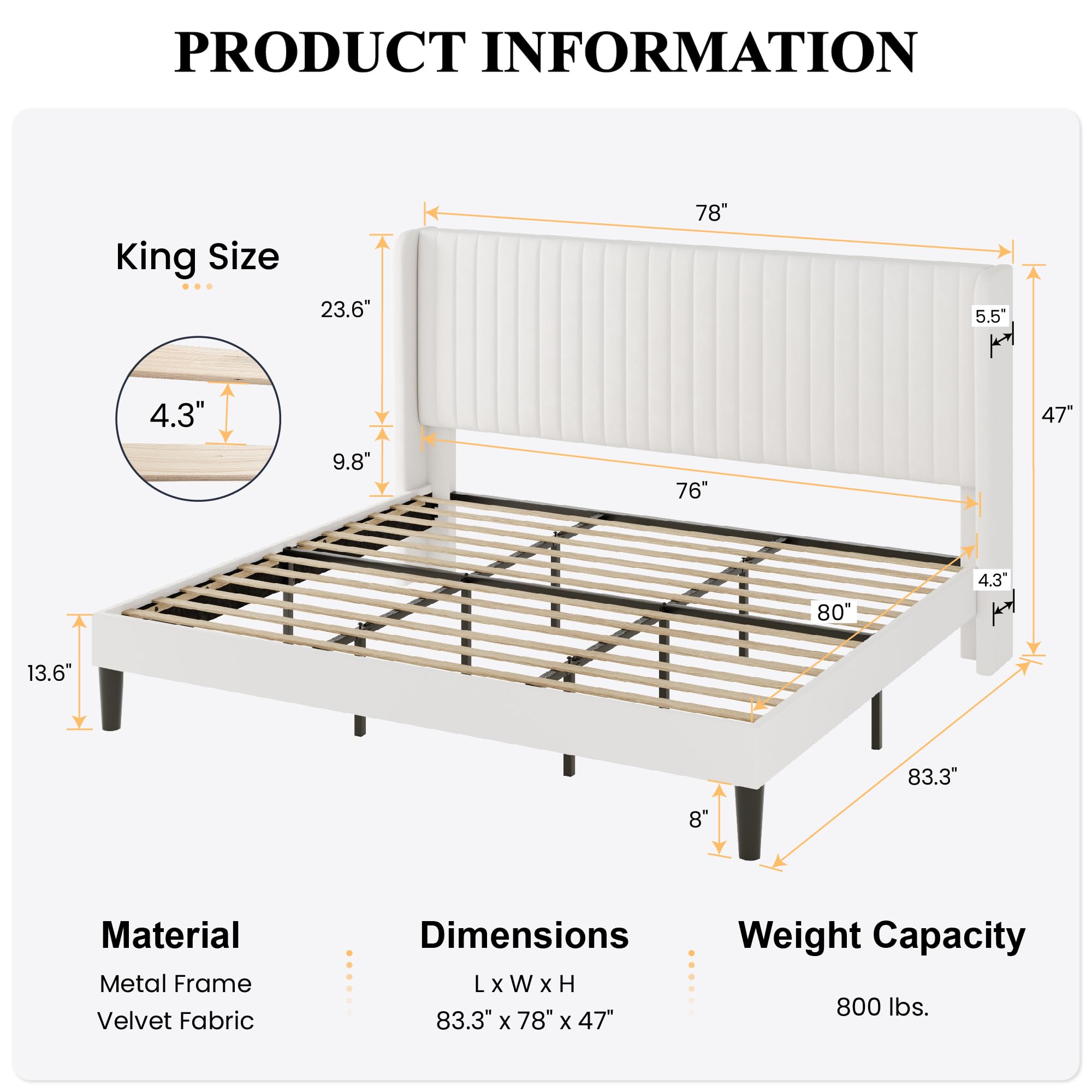 SHA CERLIN King Size Velvet Bed Frame with Vertical Channel Tufted Wingback Headboard, Upholstered Platform Bed with Wood Slats, No Box Spring Needed, Easy Assembly, Off-White