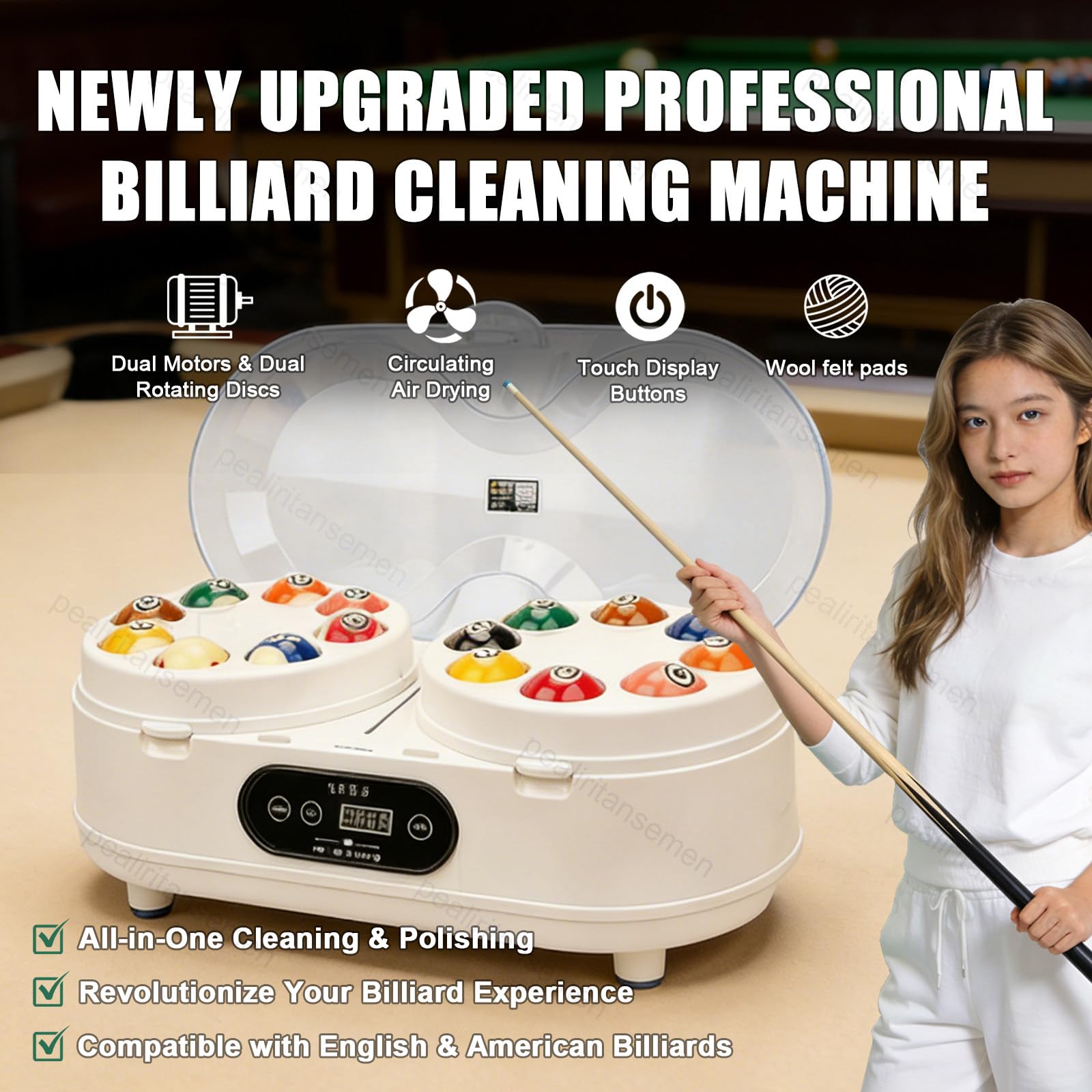 Upgraded Billard Ball Cleaner - Dual Motor & Dual Rotierende Scheiben - Professioneller Pool Ball Polierer mit Touch Control, 2 Minuten Schnelle Reinigung, für Club/Pool Hall/Gym