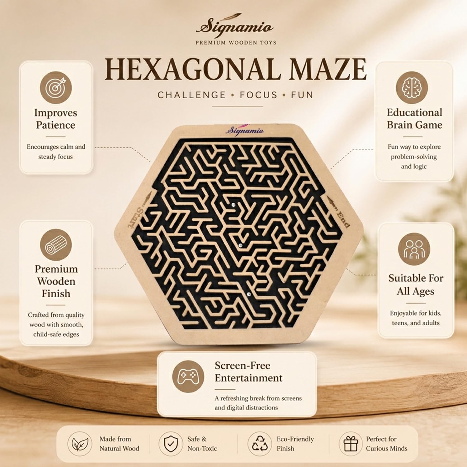 SIGNAMIO® Indoor Wooden Puzzle Game Hexagon Maze Ball - Engaging Mind Games for Kids & Adults, Perfect Brain Teaser & Time Pass Activity, Ideal Wooden Board Game for All Ages 4