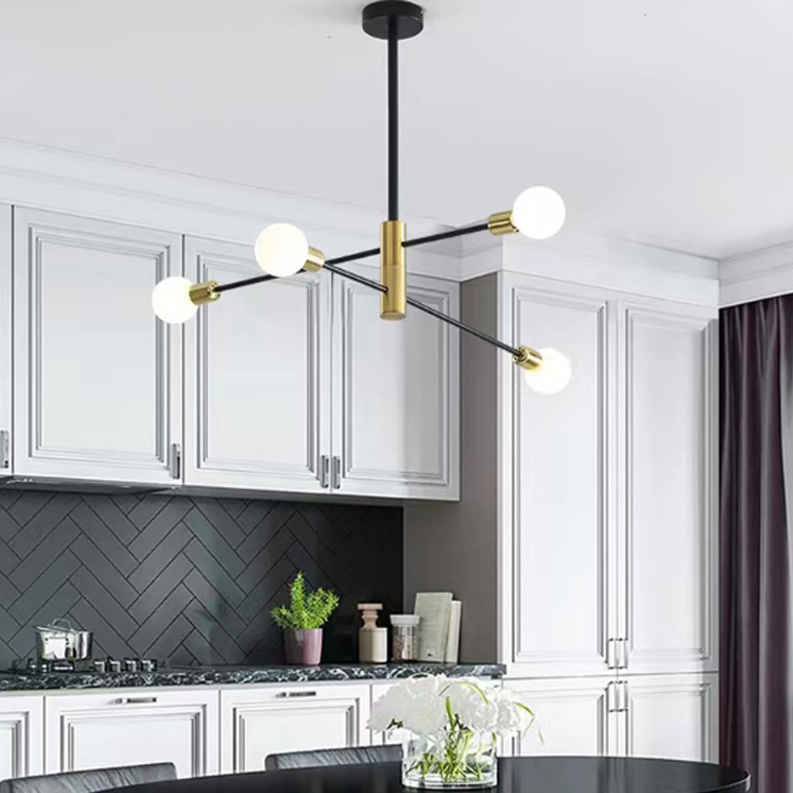 Sputnik E27 Chandelier 360° Rotatable Pendant Light Black + Gold Iron Aluminium Chandeliers Retro Industrial Indoor Living room Decorative (Bulbs not Included) for Bedroom (A,4 Heads)