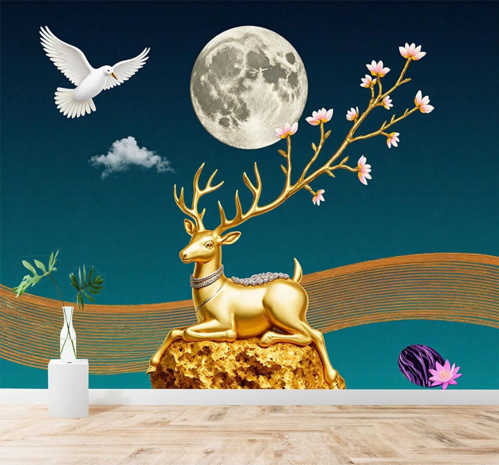 XLMING Golden Deer Moon Flowers Night Sky White Doves 3D Wallpaper Silky Texture Home Study Office Grey Dining Room Sofa Bedroom Living Room TV Backdrop-430cm×300cm