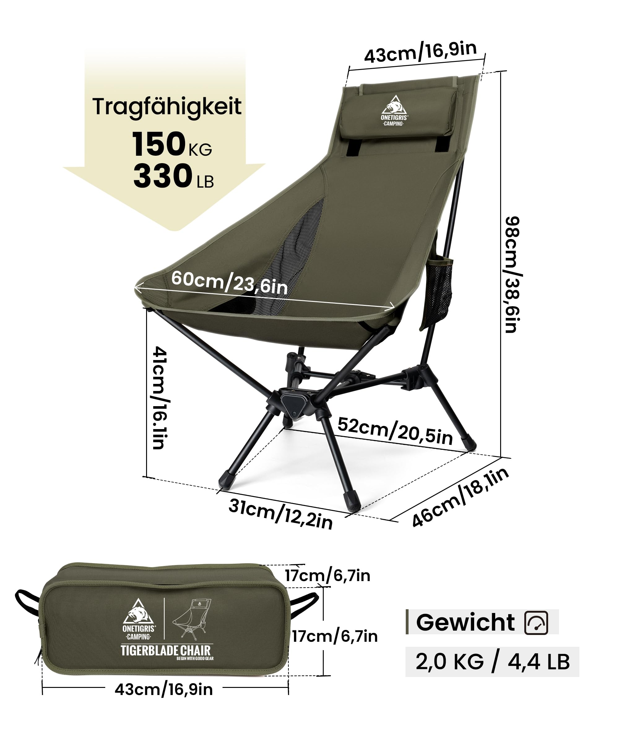 OneTigris Tigerblade - Silla de camping, ligera, plegable, para senderismo, compacta, portátil