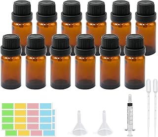 12Pcs 10ml Essential Oils Glass Bottles,Amber Refillable Empty Essential Oil Bottle with Black Cap Dark Sample Glass Bottles for Essential oil Diffuser Massage Oils Beauty Oil Mix (Amber 10ml)