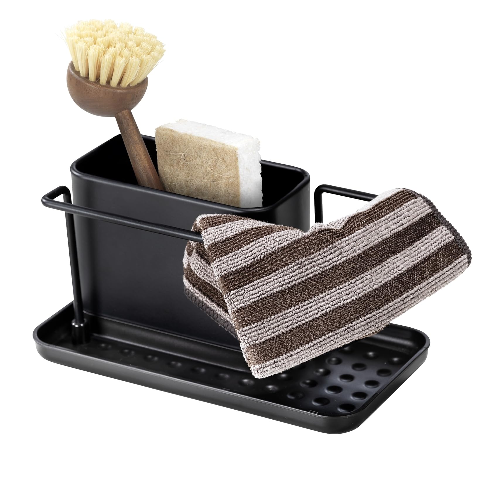 WENKO Organisateur d'évier Orio, Chariot de Rangement avec Pot en Acier Inoxydable Amovible, Base Stable en Plastique, Dimensions (l x h x p) : 21 x 10,​5 x 12 cm, Noir