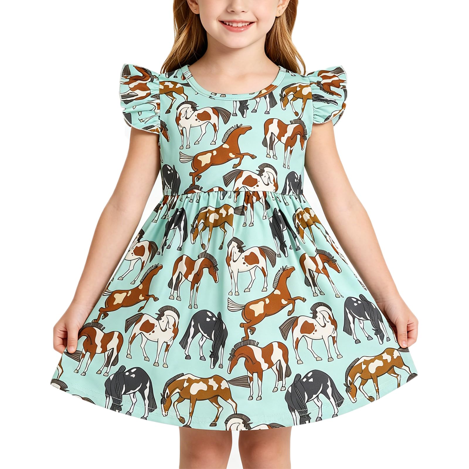 Toddler Girls Dress Cute Animal Print Dresses Ruffle Bottom Flutter Sleeve Apparel 2-8Y