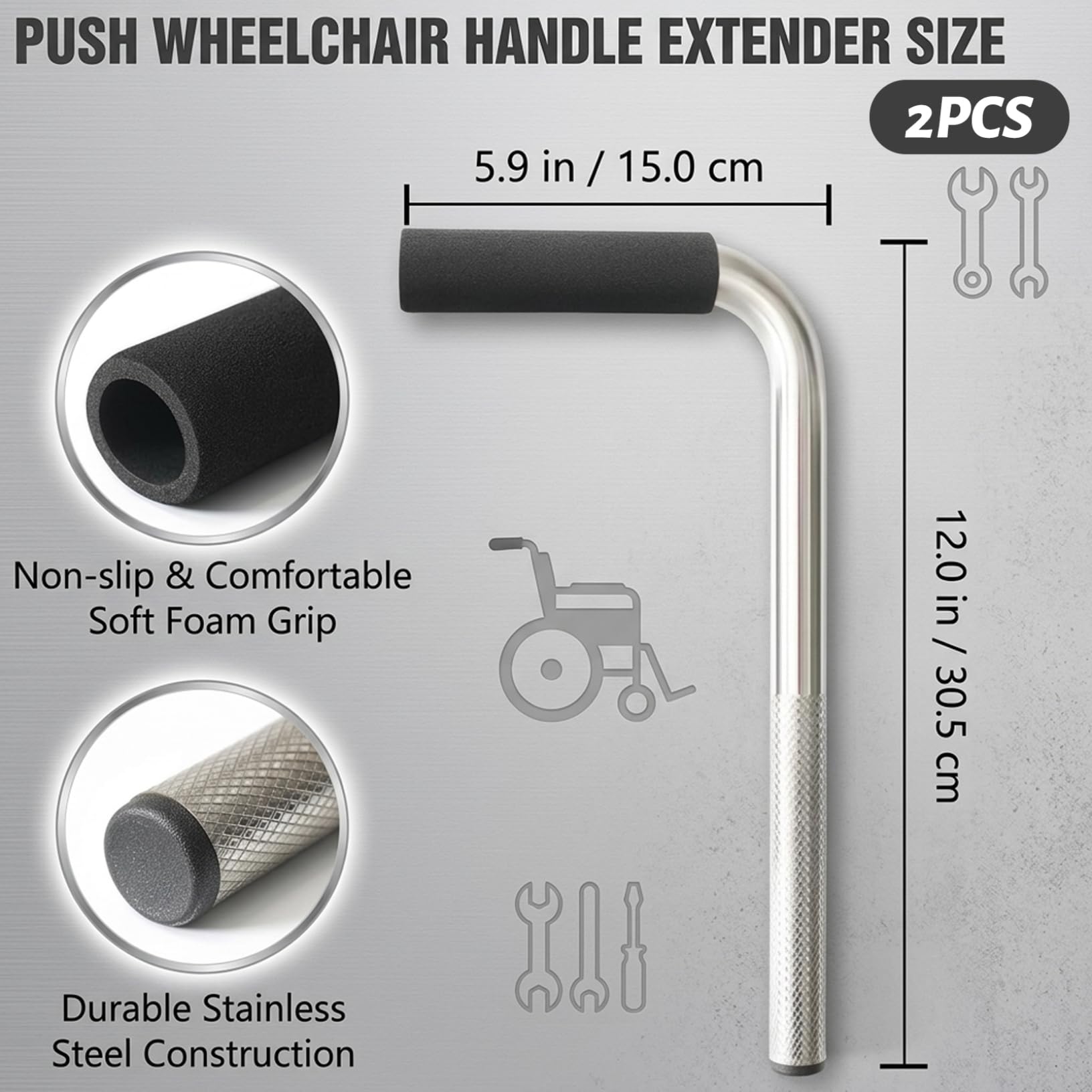 Rallonges de poignée de fauteuil roulant, rallonge poignée poussée réglable en hauteur pour fauteuil roulant et poussette, paquet 2 accessoires avec poignées antidérapantes rallonges