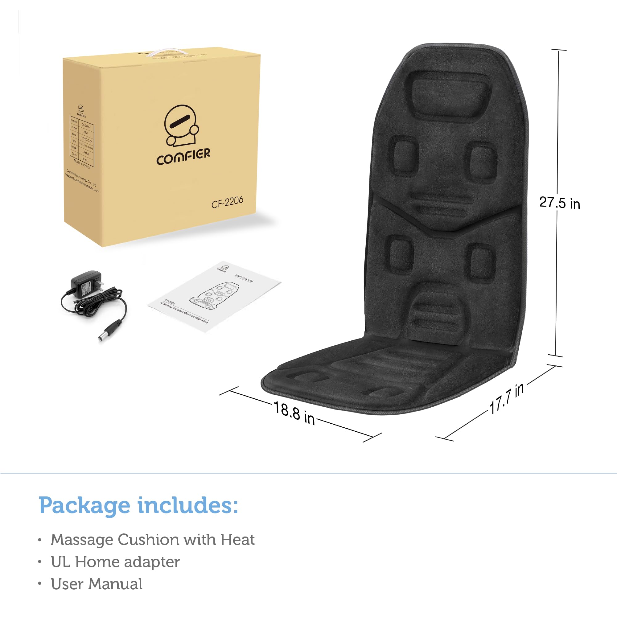 COMFIER Asiento de Masaje Espalda Eléctrico con 10 Motores Vibrantes, Almohadilla Térmica de 2 Terapias con Apagado Automático, Almohadilla de Masaje Calentado para el Alivio del Dolor de Espalda