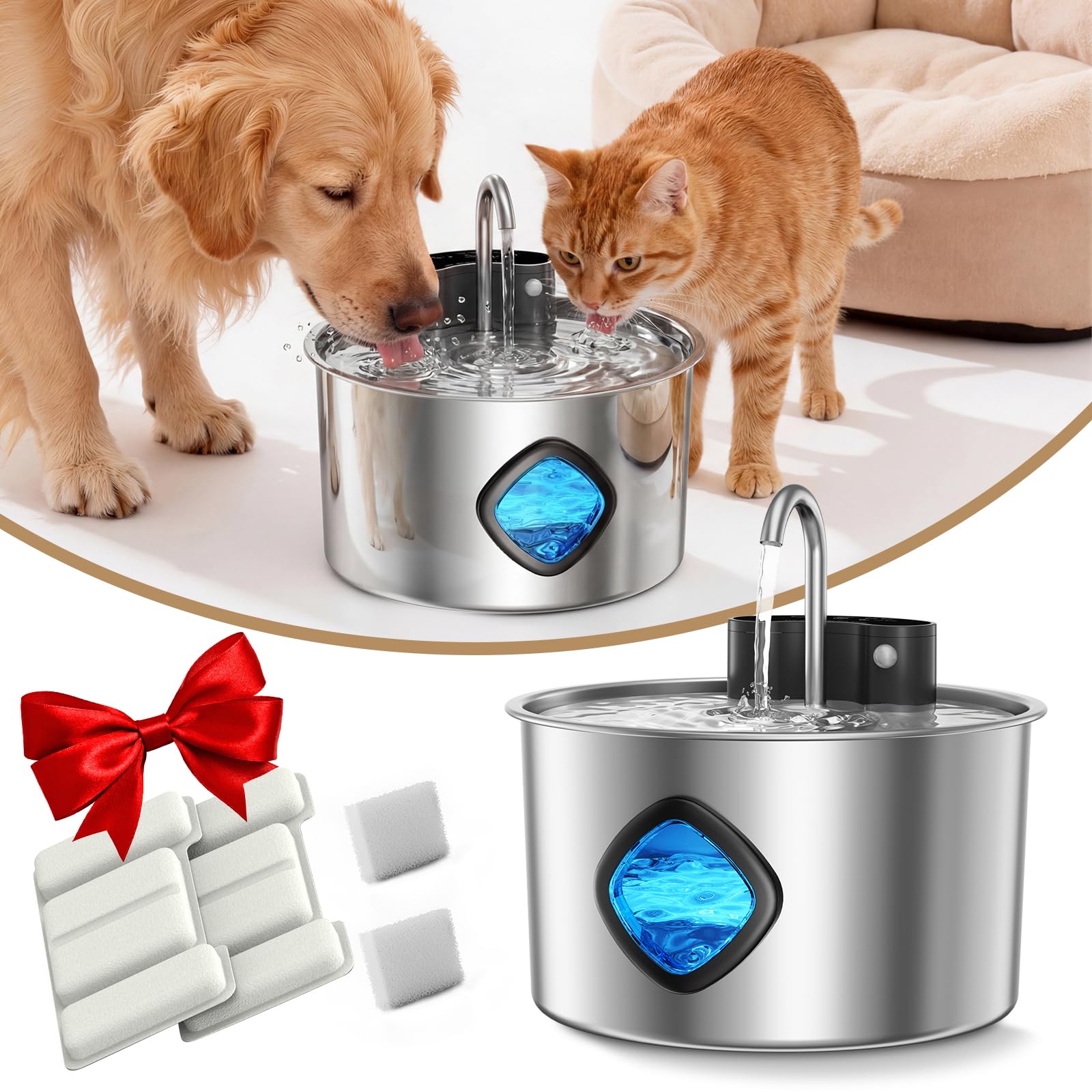3.2L Wireless Pet Water Fountain, 4000mAh Rechargeable Stainless Steel Dispenser with Infrared Sensor & 3-Stage Filtration, Ultra-Quiet Pump, Indoor & Outdoor Use for Cats & Dogs