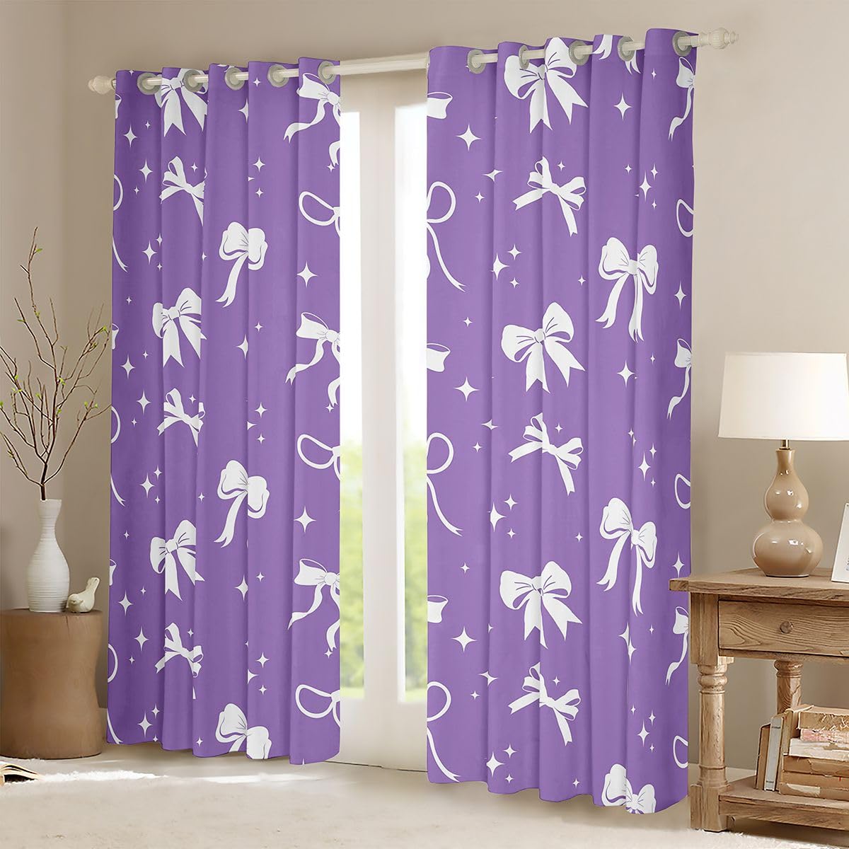 Homewish Fioletowa kokardka zasłony okienne 117 x 183 cm, 2 zestawy paneli - urocza wstążka kokardka zasłony zaciemniające księżniczka muszka dekoracje okienne zasłony kokardka artykuły imprezowe do