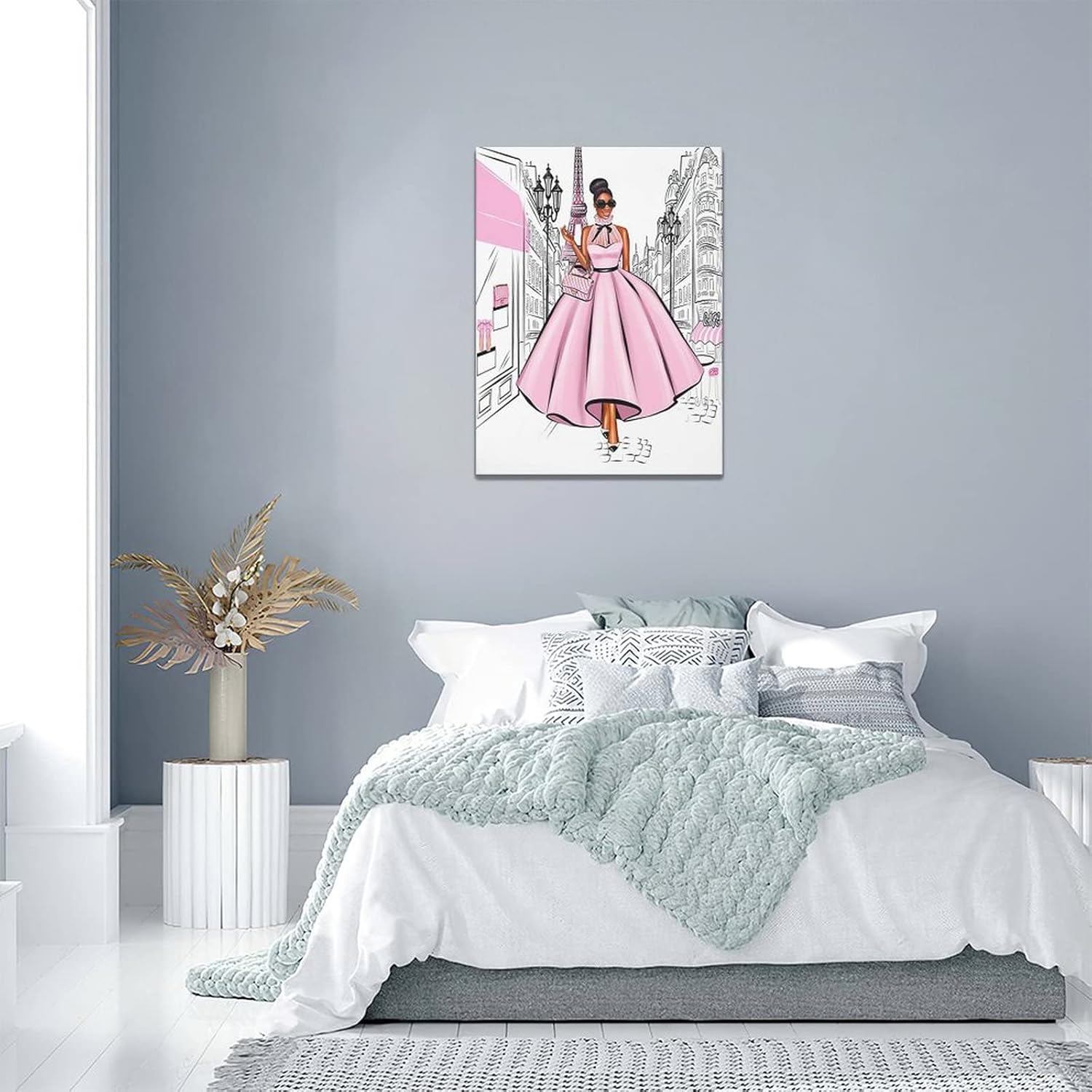 Black Girl Pink Canvas Wall Art African American Painting Wall Decor Fashion Women In Paris Eiffel Tower Pictures Modern Framed Prints Artwork for Girls Room Bathroom Bedroom 12"x16"