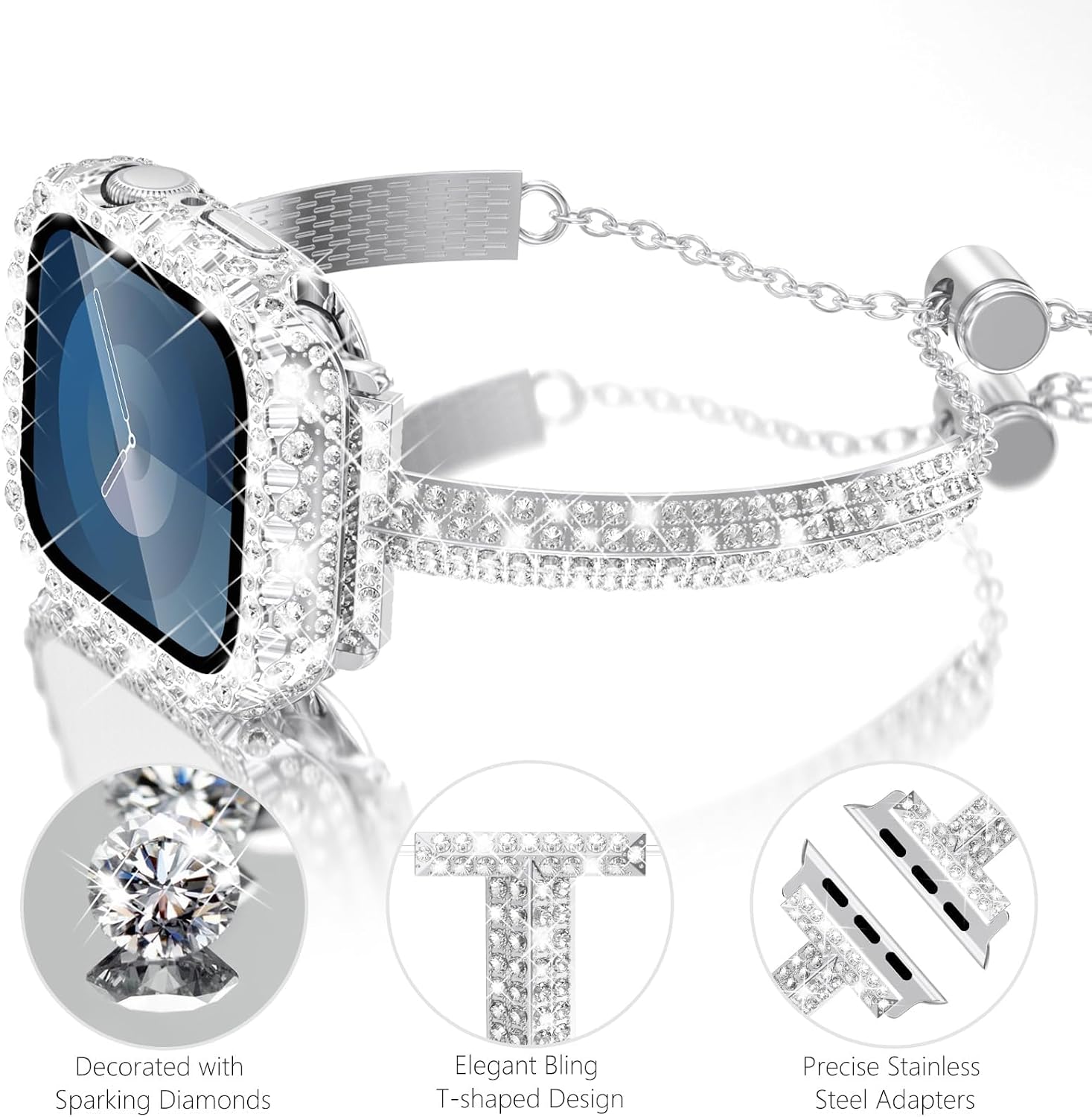 WINGLE Bling Band for Apple Watch Bands Women 38mm 40mm 41mm 42mm 46mm 45mm 44mm 42mm SE 3/2/1 Series 11 10 9 8 7 6 5 4 3 2 1, Diamond Rhinestone Bracelet with Waterproof Glitter Case Lace Edge Cover image 2