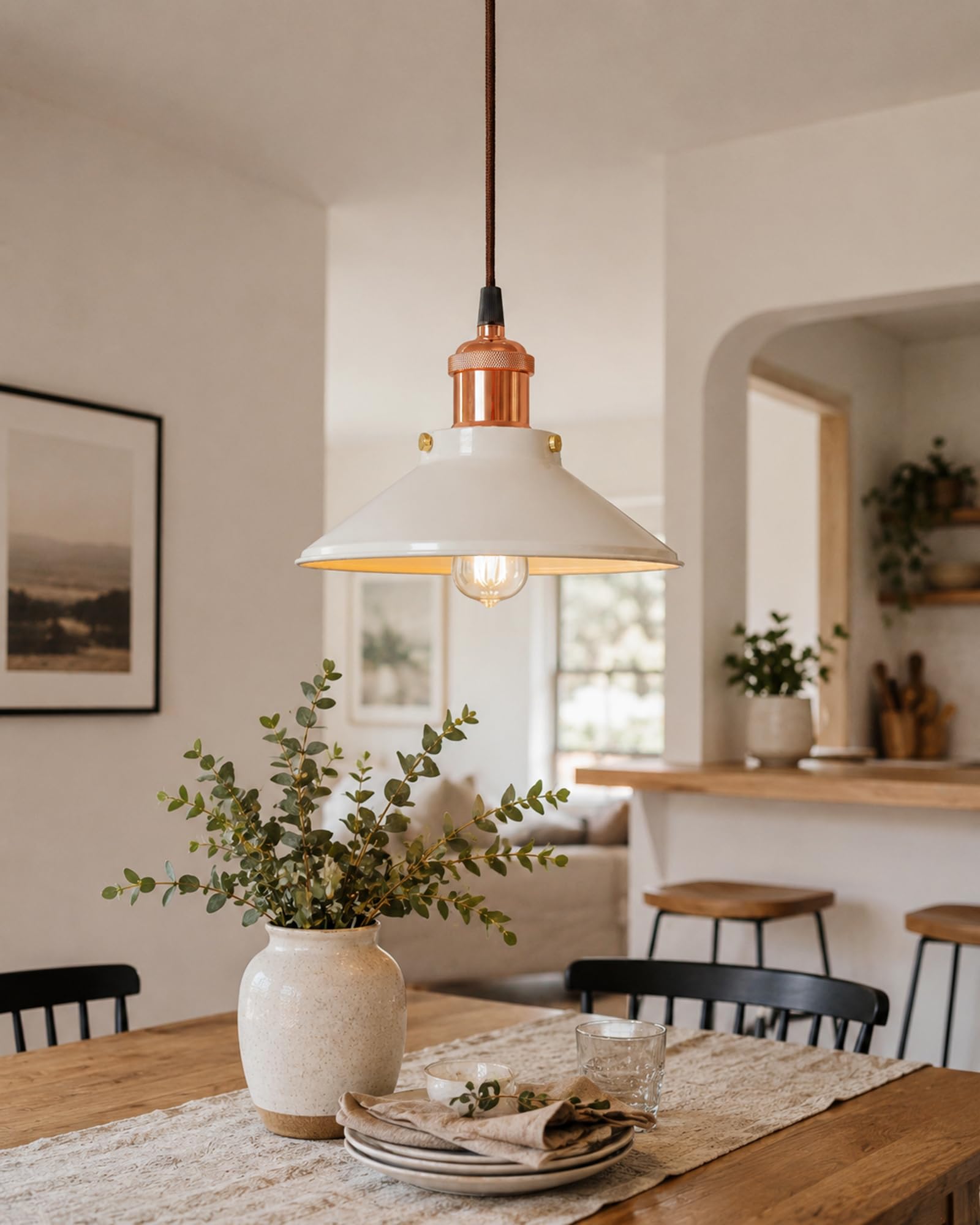Homesake Vintage Industrial Pendant Light, Edison Bulb, Retro Hanging Lamp, White Metal Shade, Copper Finish, Rustic Farmhouse Decor, Modern Ceiling Fixture, Home Lighting, Living Room,Kitchen,Bedroom-image-10