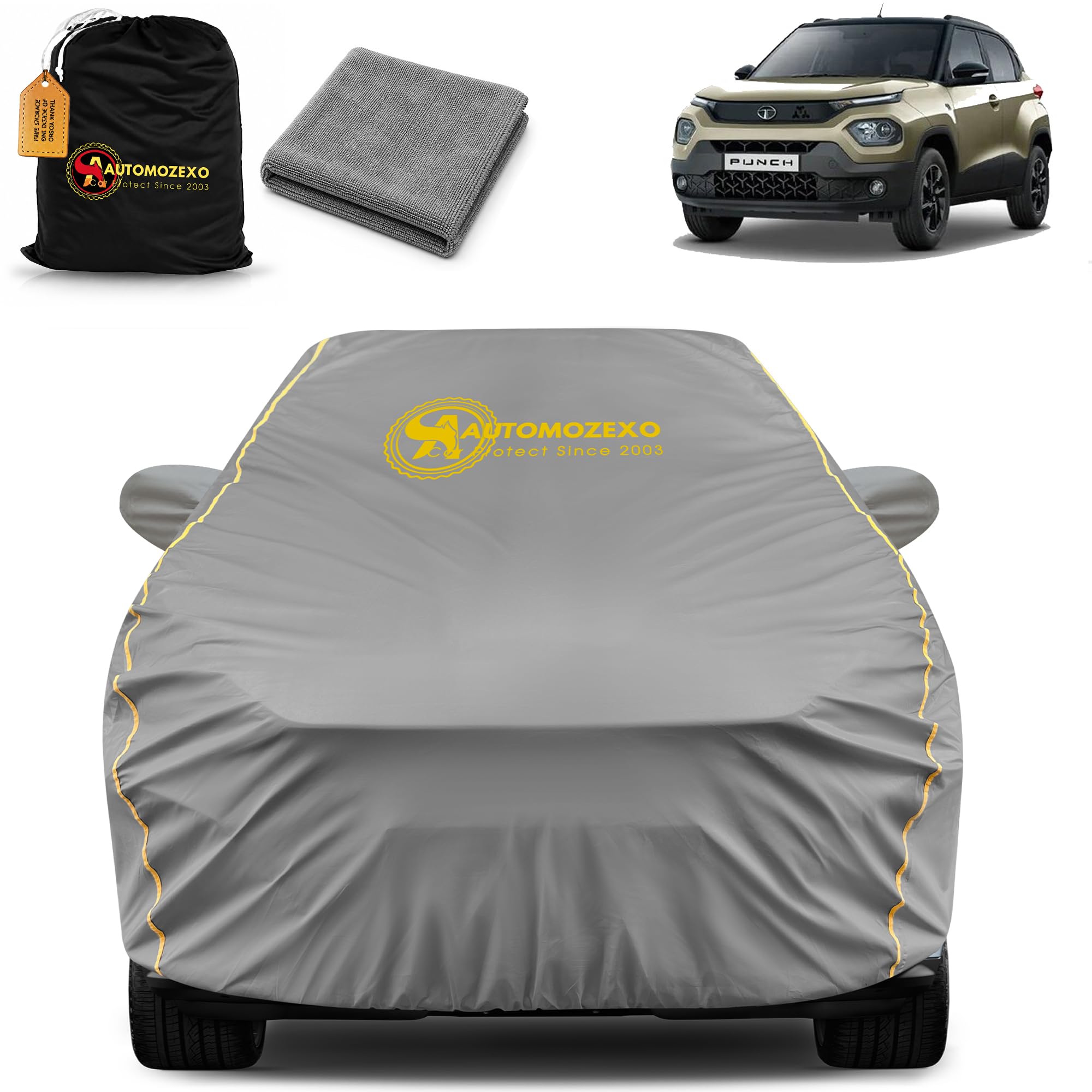 Tata Punch & EV 100% Waterproof Car Cover for All Weather Protection with Mirror & Antena Pocket Inner Cotton Layer Triple Stitched Cover with Adjustable Belt Bottom Elastic to Secure Fit -Grey-image-13