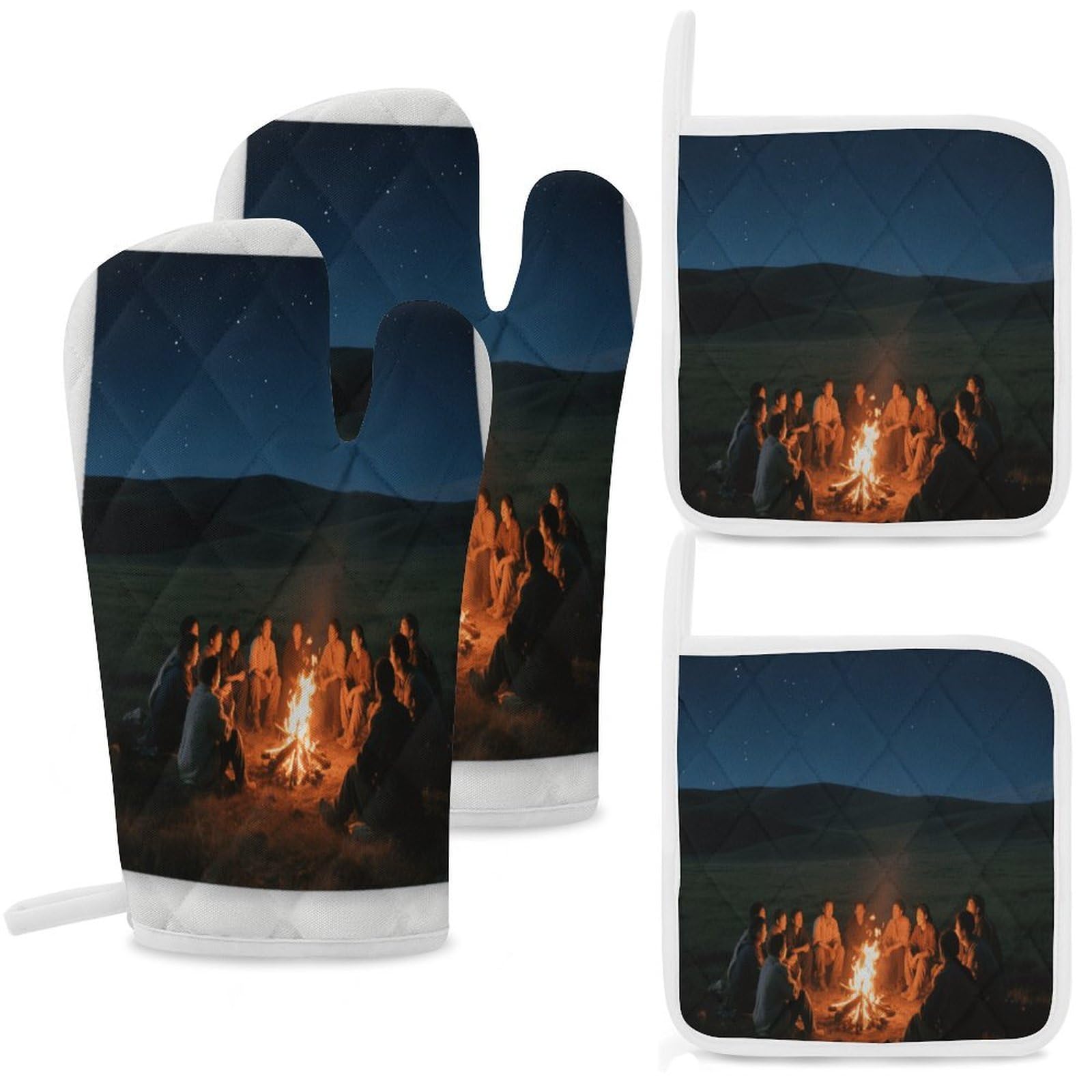 Fekiloot Style Grassland Starry Sky Bonfire Oven Mitts And Pot Holders 4-Piece Set, Kitchen Oven Glove With Hanging Loop, Bbq Gloves For Cooking Baking Grilling
