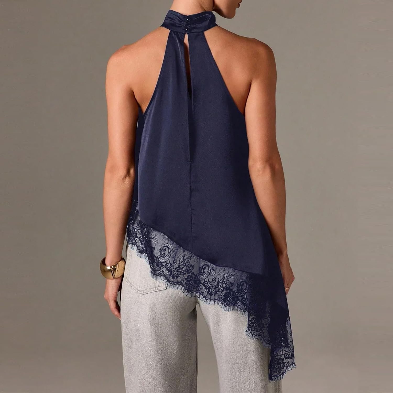 Women Satin Halter Top Y2K Mock Neck Lace Trim Asymmetrical Hem Tank Top Sleeveless Going Out Crop Tops - Image 5
