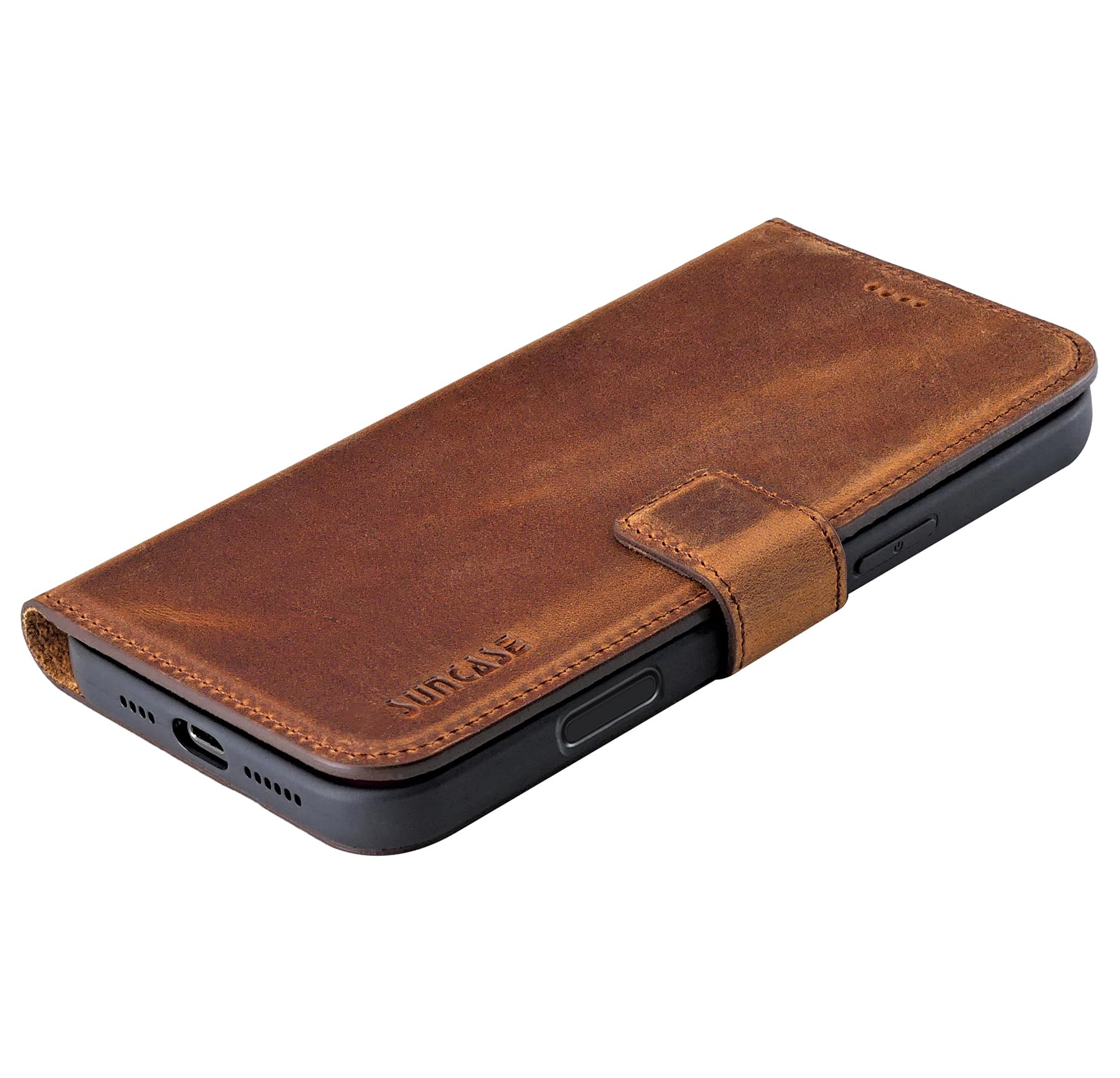 Suncase Etui skórzane kompatybilne z Honor 600 z prawdziwej skóry – Premium Bookstyle etui z klapką z kieszenią na karty, zapięciem magnetycznym i funkcją stojaka – Wallet Case etui na telefon