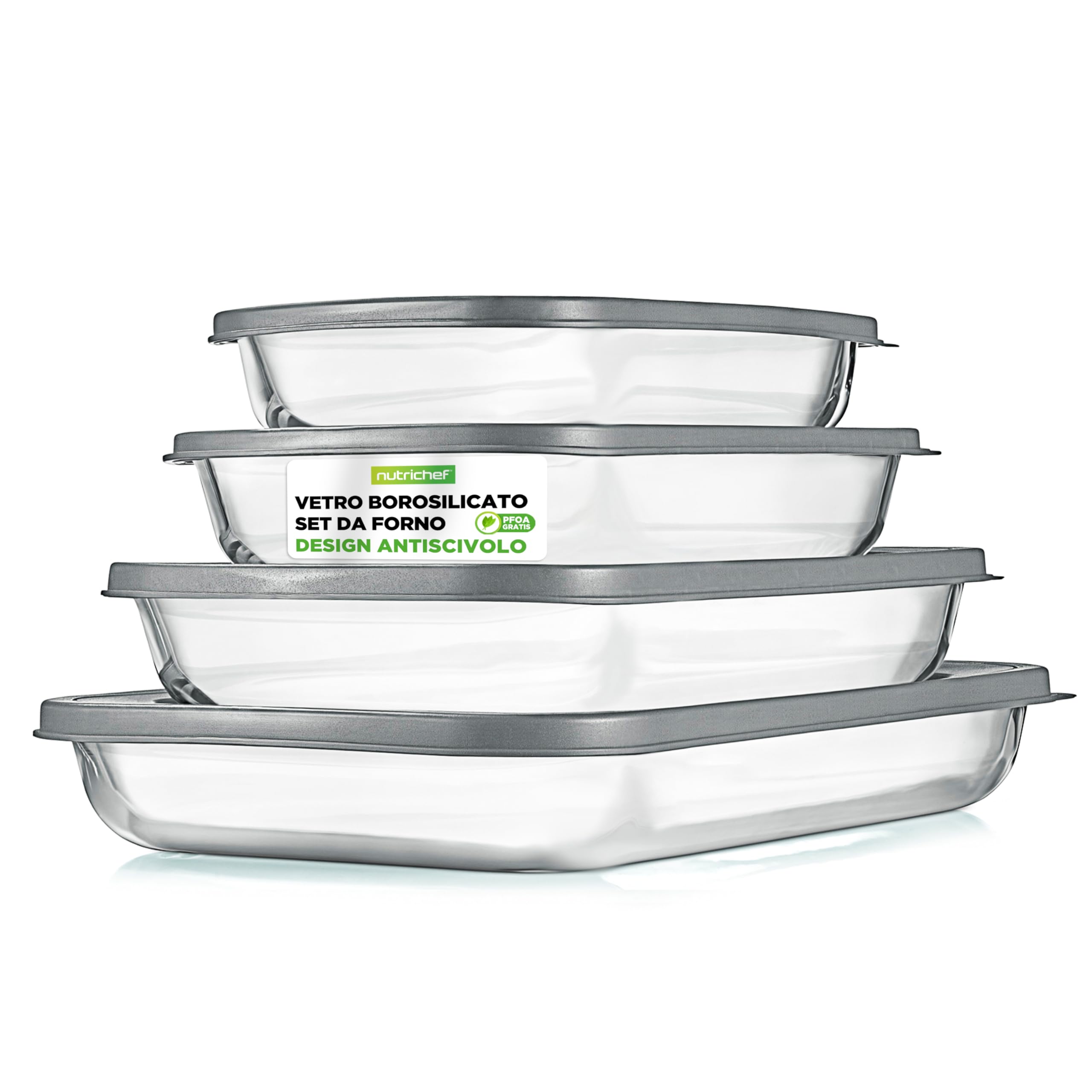 NutriChef Set 4 Pezzi Stampo per Lasagna, Dolci e Pasta, Tiramisu, Contenitori Vetro per Alimenti, Ideale per Verdura e Frutta, Freezer, Forno, Lavastoviglie, Coperchio senza BPA, Grigio