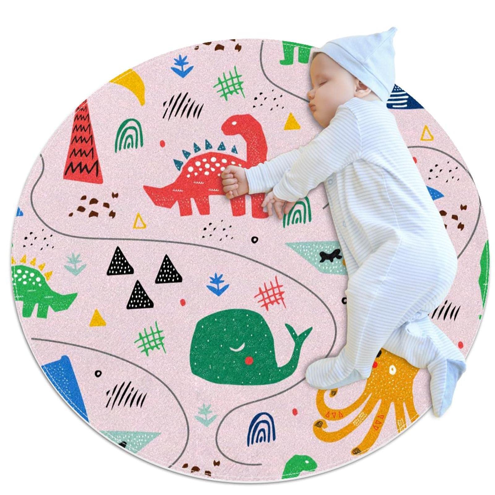 Tapis rond dinosaure et baleine JDEZ 100x100cm pour chambre d'enfant et salon