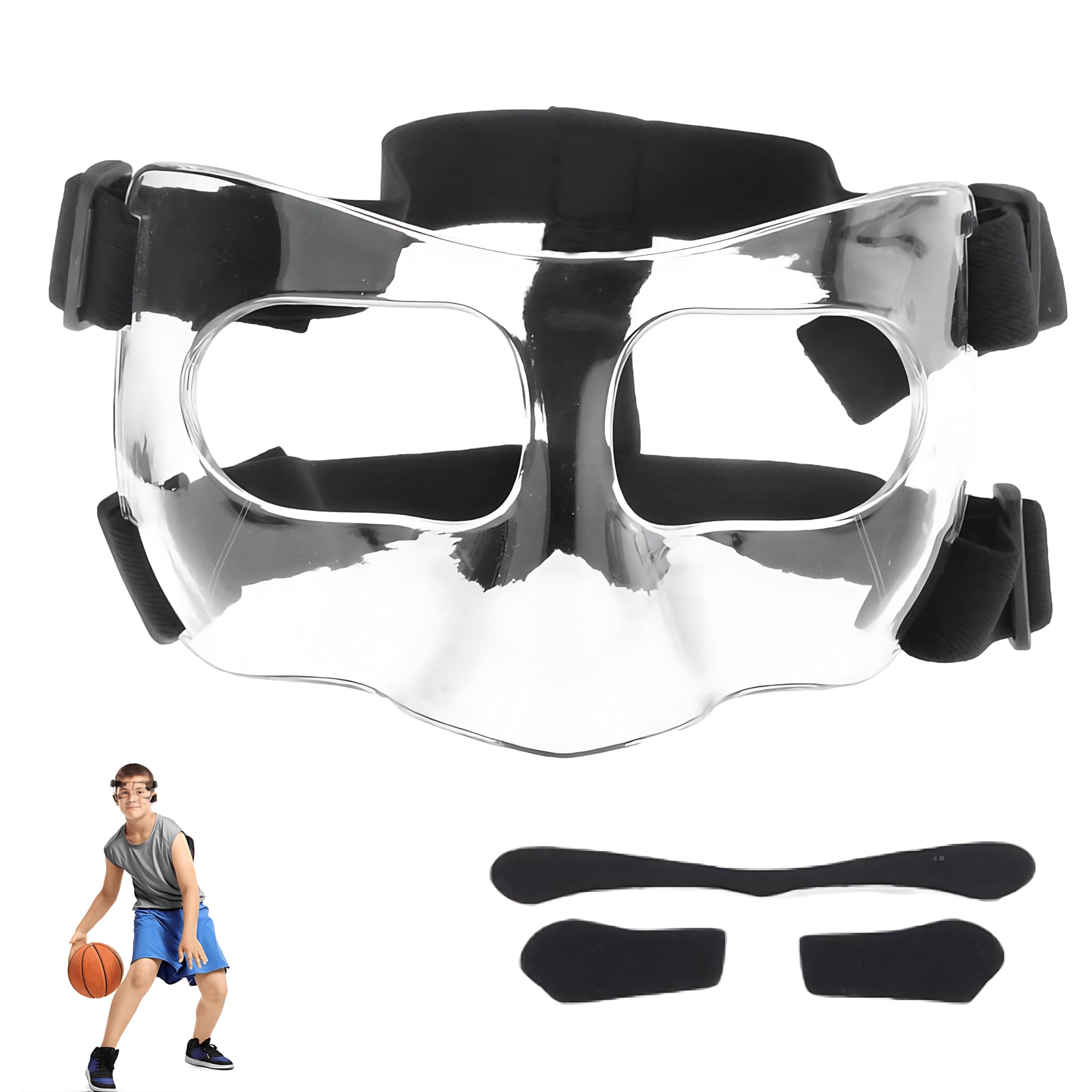 Sports Nose Guard with Adjustable Padding - Breathable Face Mask Protector for Broken Nose Recovery, Basketball, Football - Secure Fit Unisex Clear Design for Adults & Youth (Clear)