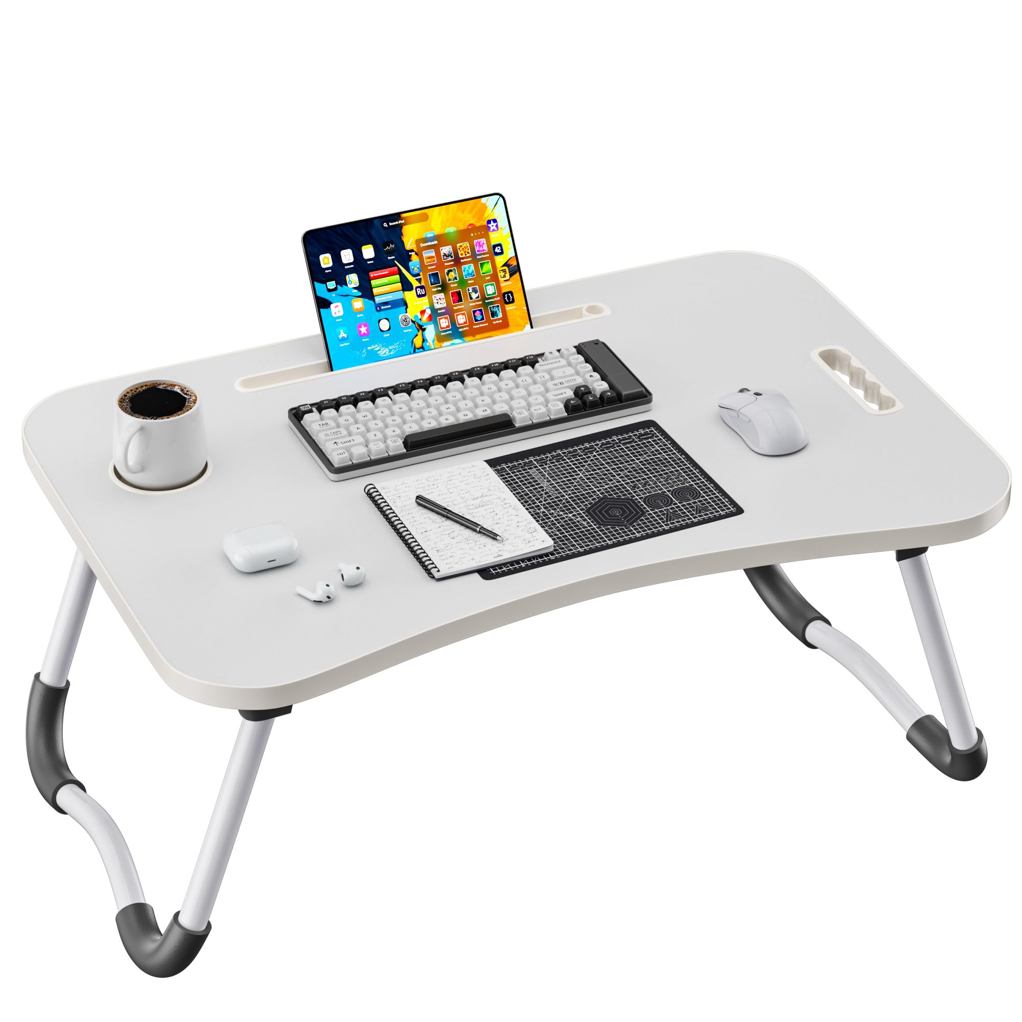 Folding Lap Desk, 23.6 Inch Wood Laptop Bed Desk with Cup Holder, Portable Bed Table for Working Writing Reading, Eating for Bed, Floor, Sofa, Couch - White