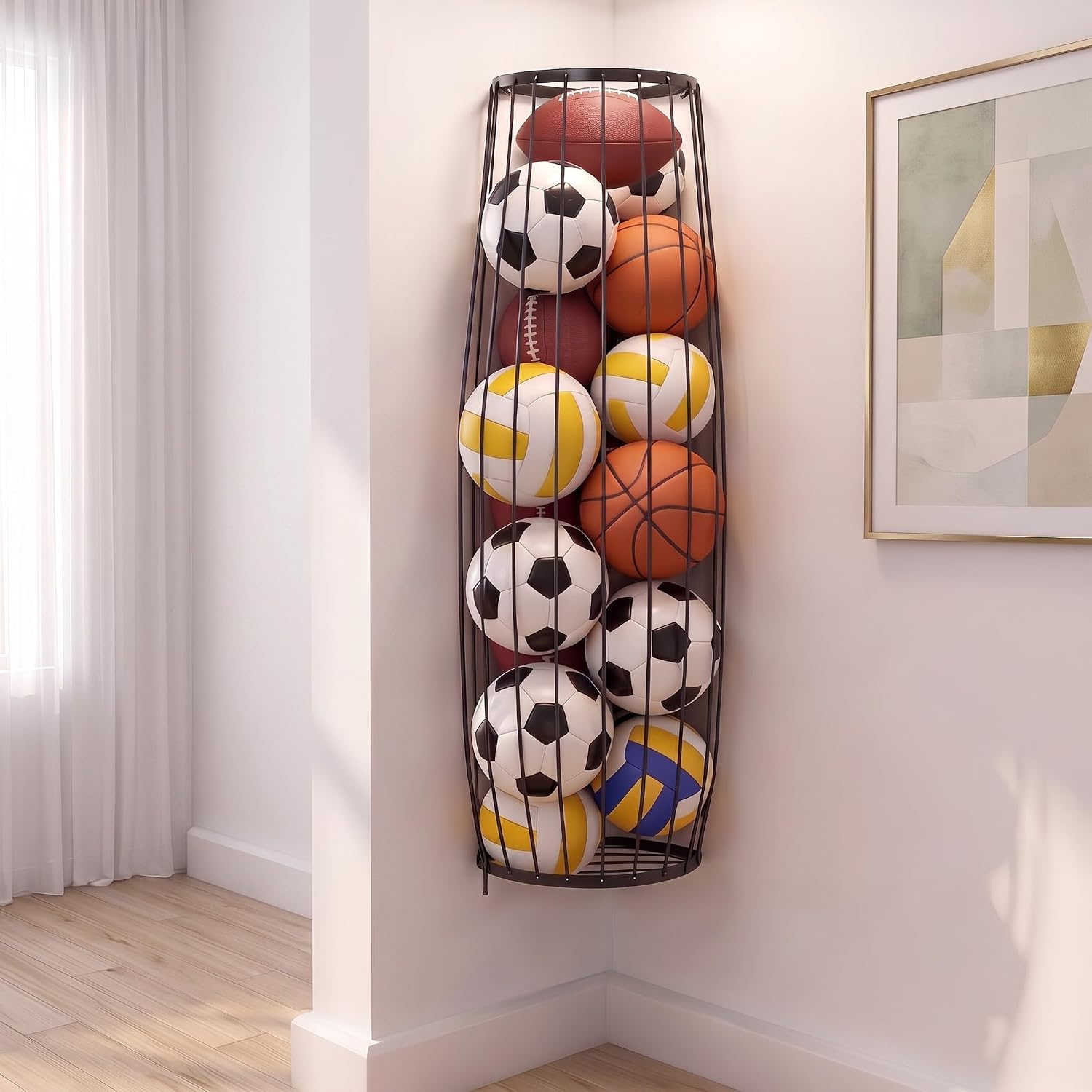 Garage Ball Storage Rack Wall Mounted, Metal Corner Ball Holder