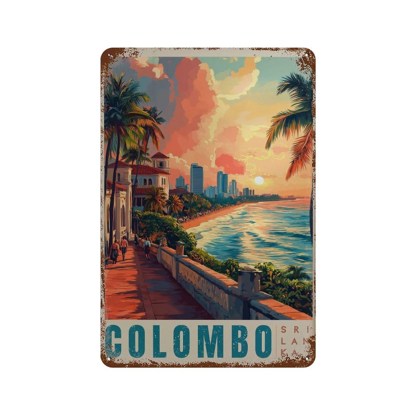 xiaoxiaoshen Colombo Travel Tropical Sunset Vibrant Coastal Wall Decor Art Metal Tin Poster Modern Home Decor Art Home Bar Shop Decorations Vintage Sign 30x20cm