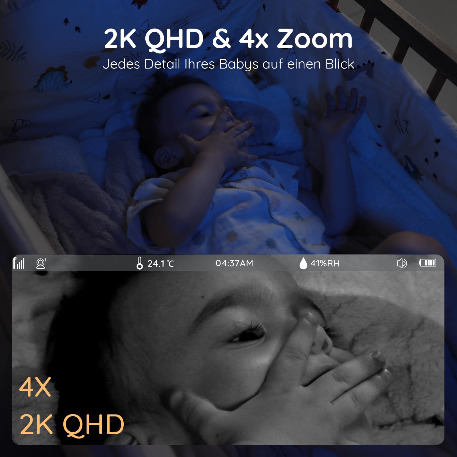 BOIFUN Babyphone mit Kamera 2K/3MP, Intelligentes Nachtlicht, 360 Gard WLAN Video Babyfon mit App, 4×Zoom, Bewegungsverfolgung, IR Nachtsicht, Weinen/Bewegungs/Geräuscherkennung, Temperaturerkennung