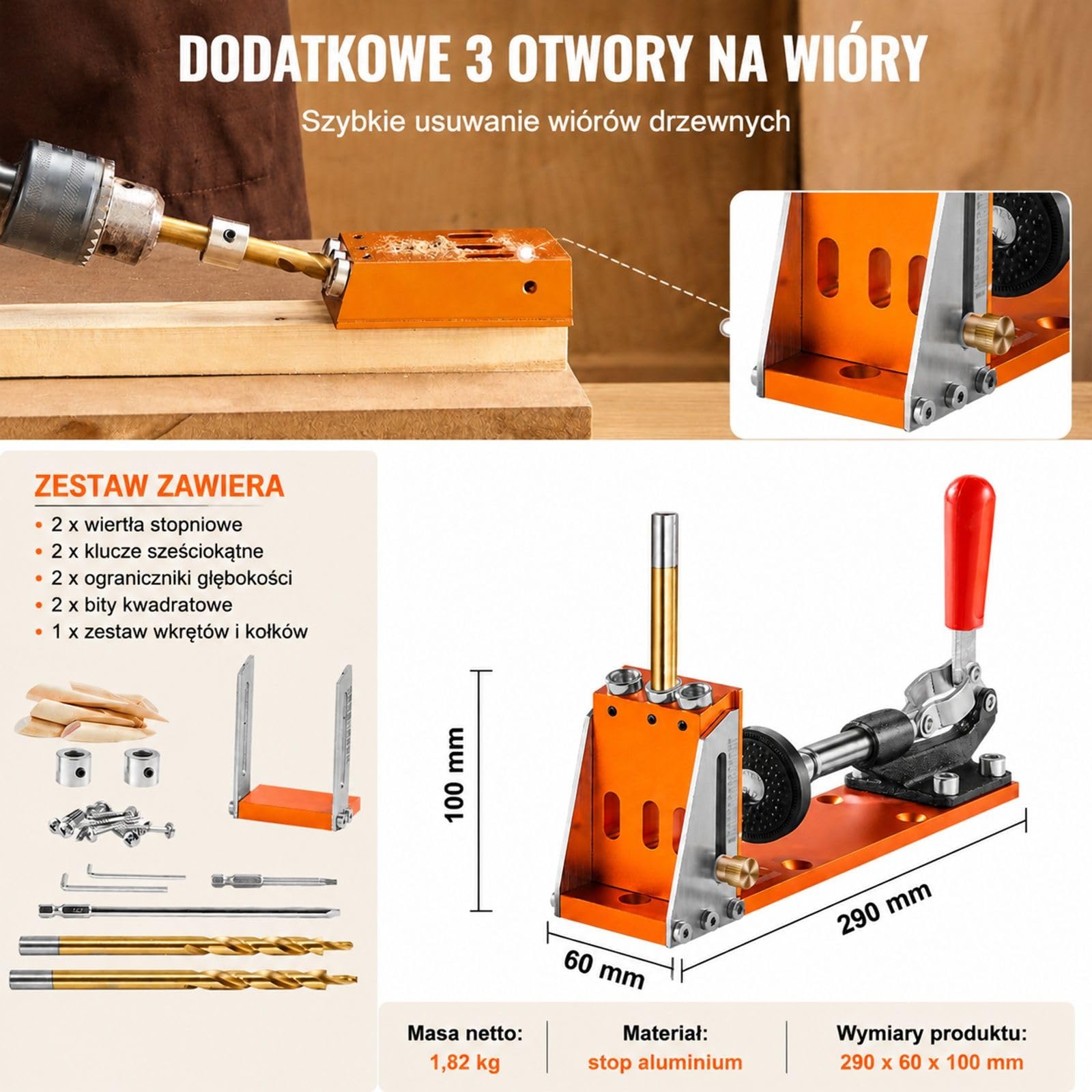 Zestaw szablonu do otworów kieszeniowych z trzema otworami, zaciskiem, kluczem, bitami kwadratowymi i stopem aluminium do obróbki drewna