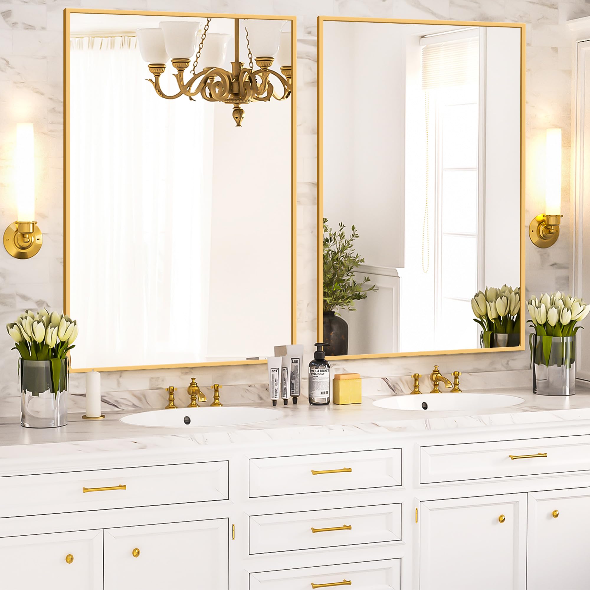 antok Decoratieve wandspiegel, goud, 60 x 90 cm, rechthoekige spiegel, wandspiegel met metalen frame, voor badkamer, wasruimtes, slaapkamer antok Decoratieve wandspiegel, goud, 60 x 90 cm, rechthoekige spiegel, wandspiegel met metalen frame, voor badkamer, wasruimtes, slaapkamer