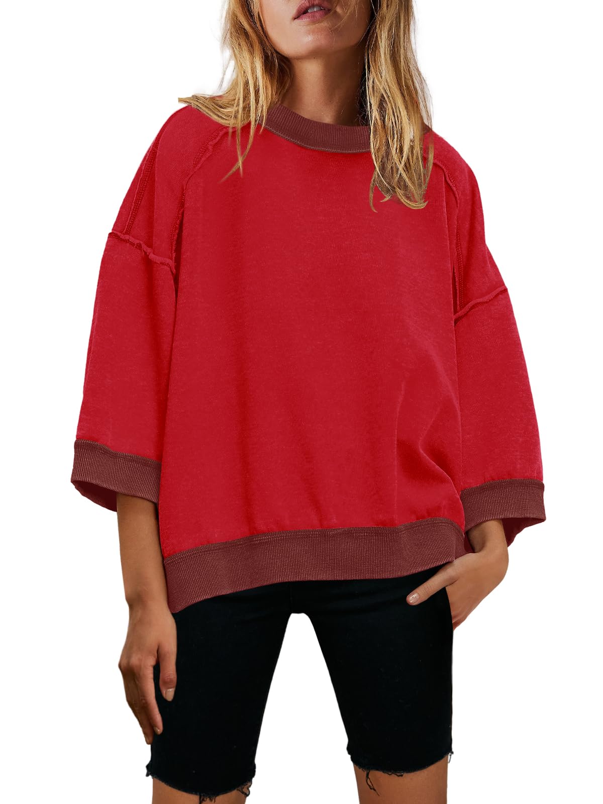 Nirovien Womens Short Sleeve Sweatshirt Oversized Crewneck Sweatshirts 3/4 Sleeve Casual Summer Tops