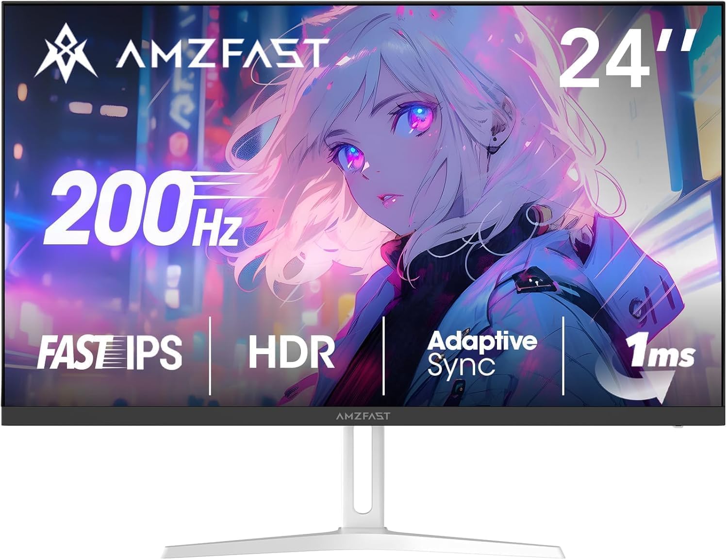 Amzfast 24 Pouces Ecran PC Gamer- 200Hz, FHD 1920x1080, Fast IPS Écran, 1ms MPRT, 80% DCI-P3, 110% sRGB, Anti-Lumière Bleue, HDR, Adaptive Sync, VESA 75x75, HDMI 2.0/DP 1.4, Blanc - AMZG24X1W - 1