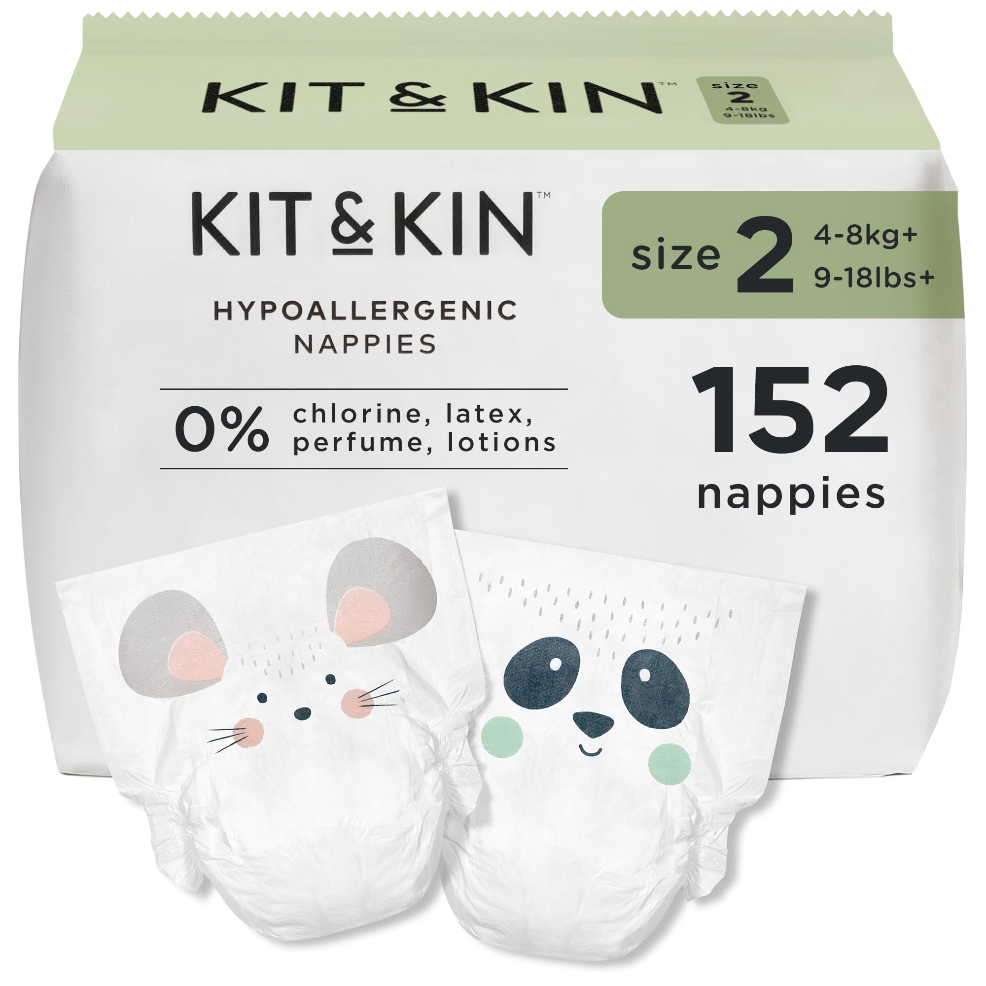 Kit & Kin Pañales Talla 2 (4-8 kg) 152 Unidades, Hipoalergénicos, de Origen Vegetal, Protección Antifugas Superior, Veganos y Cruelty-Free