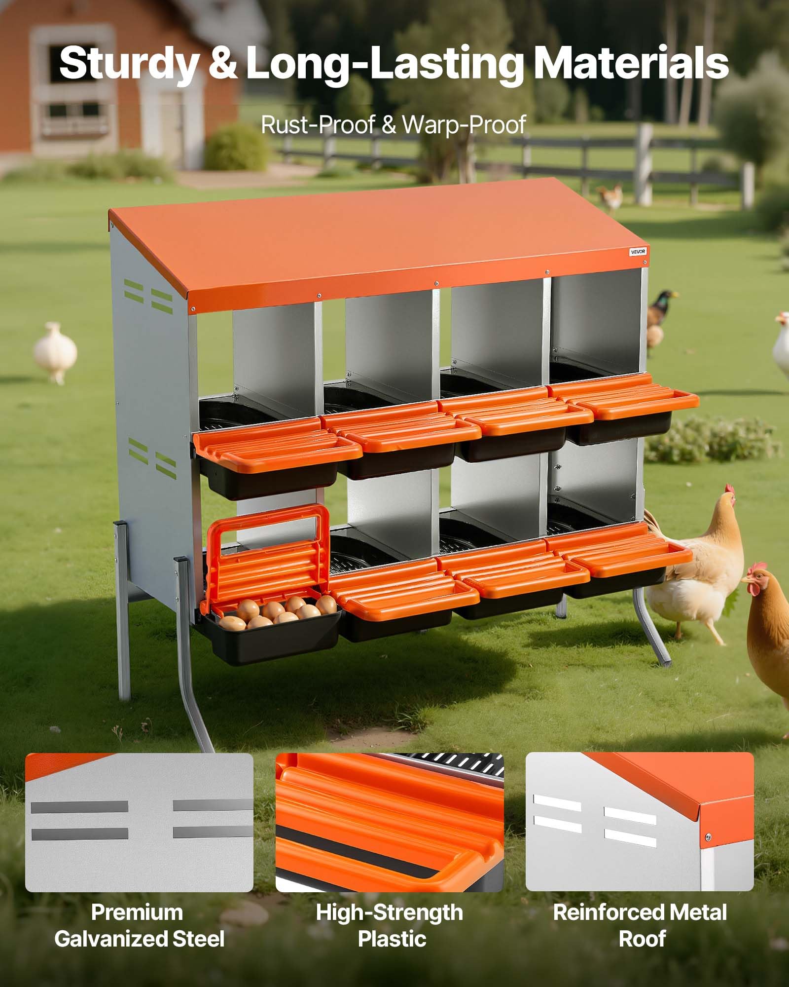 VEVOR Nido con Cassetto di Raccolta Uova per Galline, 8 Scomparti con Gambe di Supporto, Facile Raccolta, Acciaio Zincato e Plastica ad Alta Resistenza, Nido per Deposizione di Uova di Gallina