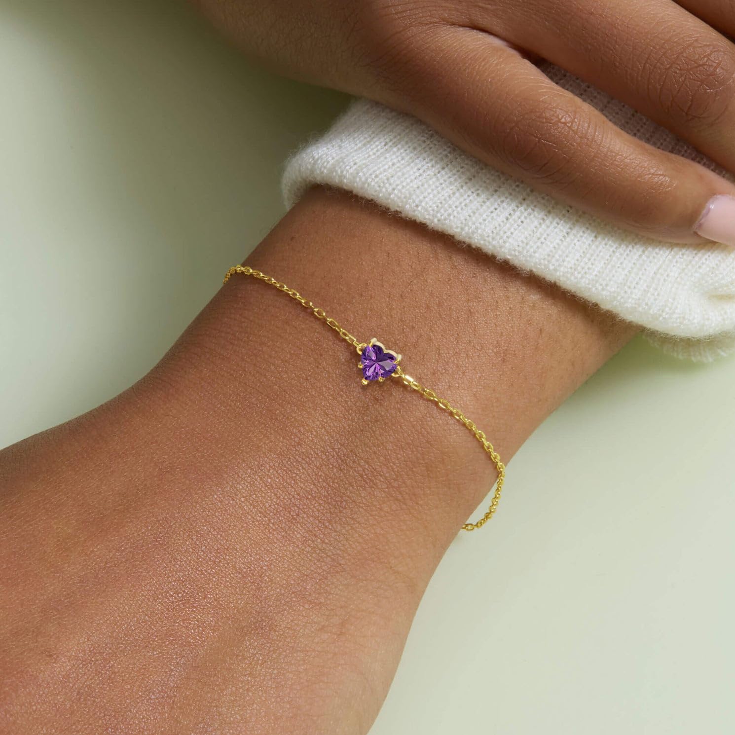 14k Gold Love Heart Gemstone Bracelet for Women,7MM Heart-cut Created Birthstone Anniversary Birthday Mother's Day Bracelets Jewelry for Mom Her 6.5''+2'' - Image 3