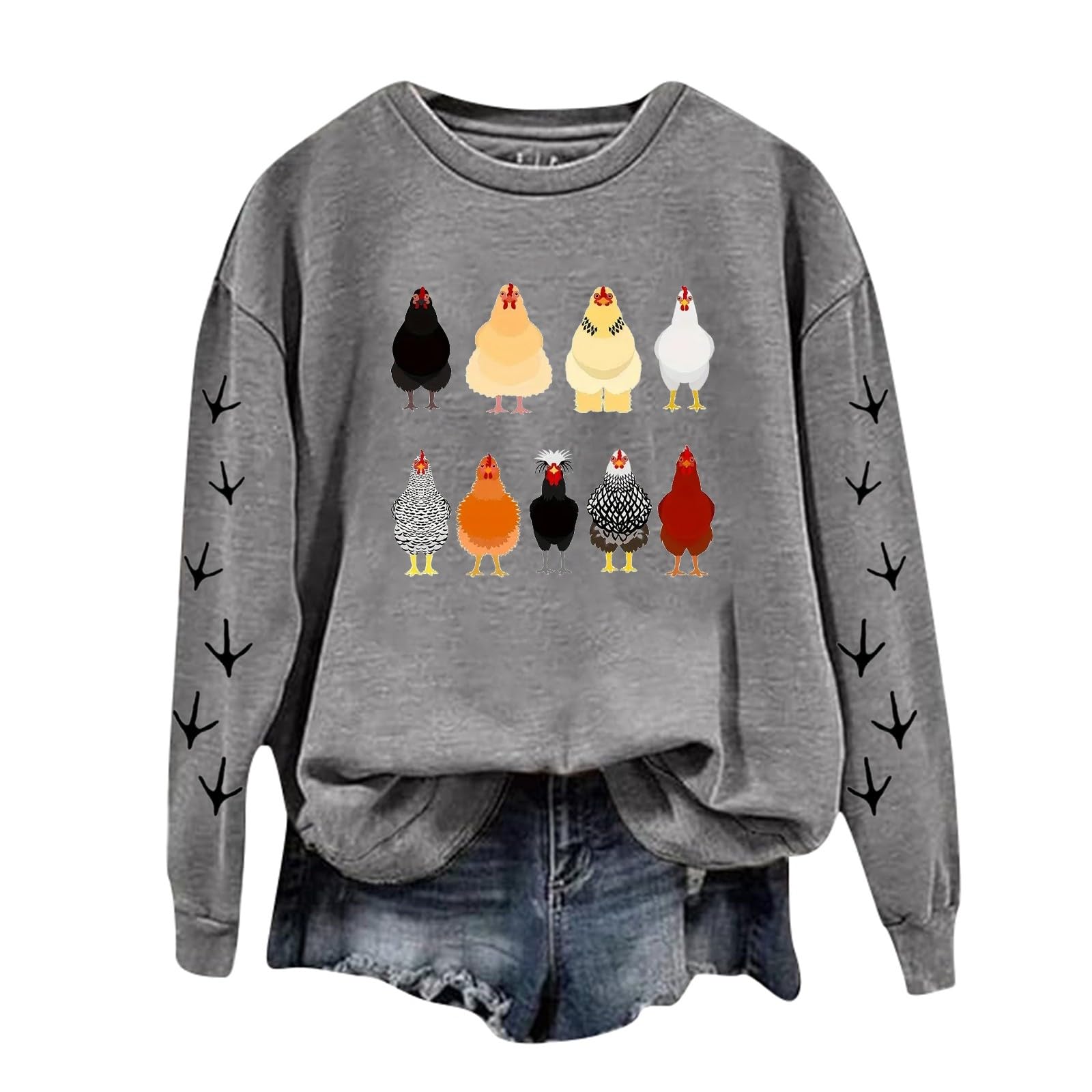 Pull imprimé poulet pour femme avec manches longues et col rond coupe ample gris