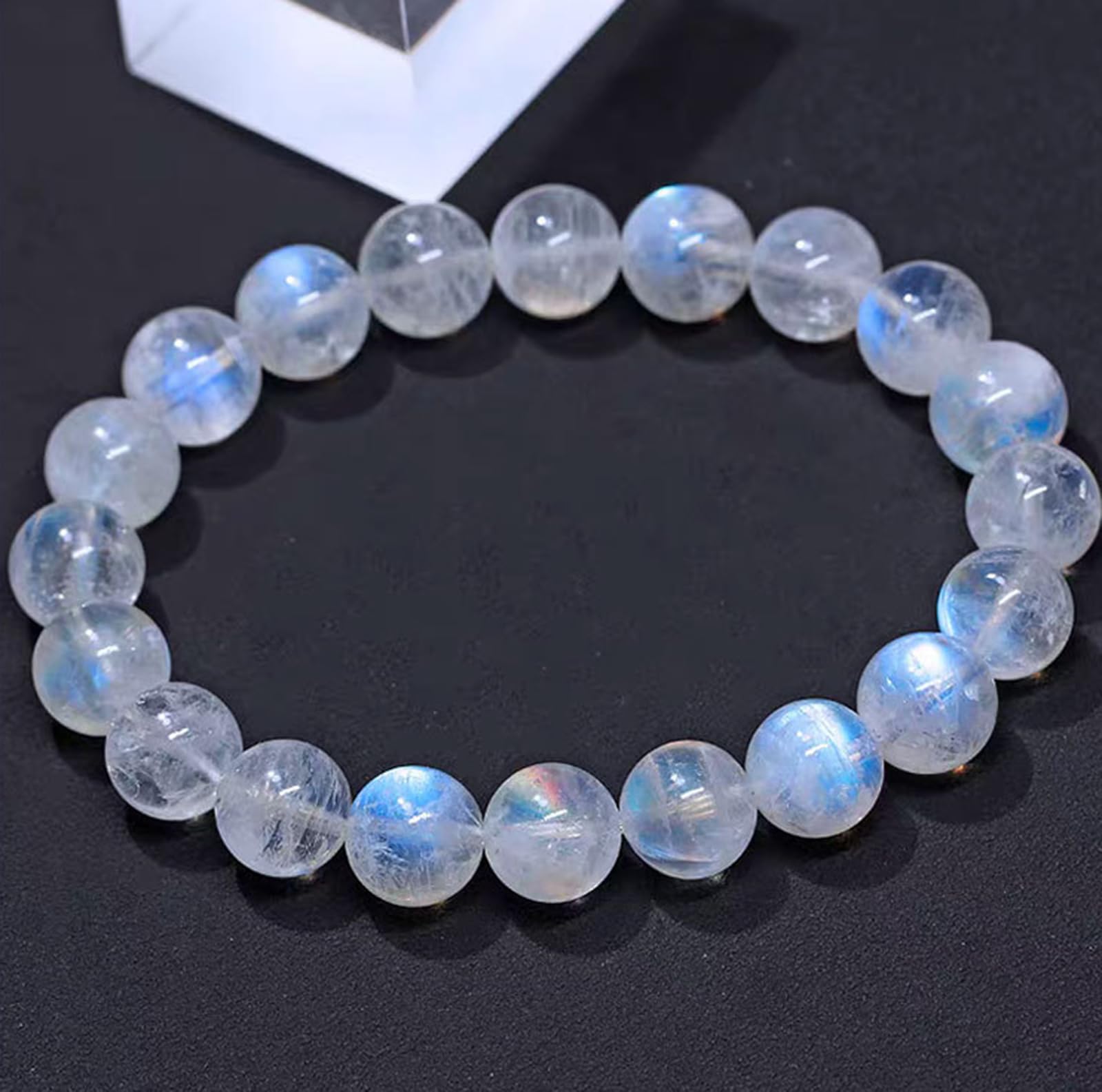 Bracciale in Pietra di Luna Blu Ghiaccio Naturale - Perline Rotonde cristalline, Braccialetto Elasticizzato con Pietre preziose Blu Flash, Gioielli curativi con Perline,10mm