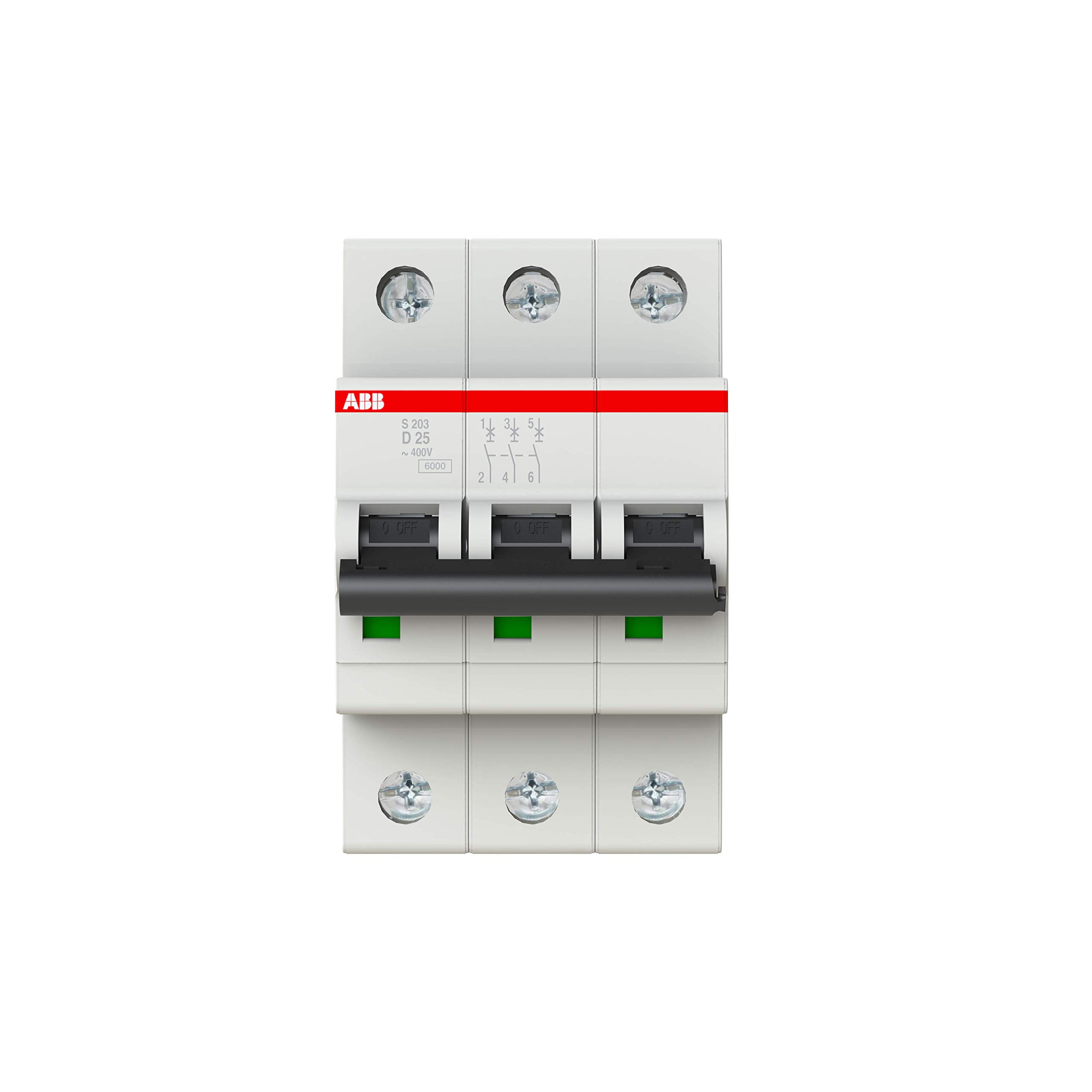 ABB S203-D25 Miniatur-Leitungsschutzschalter, 3-polig, Typ D, 6/10 kA Schaltleistung, 25 A Strom (2CDS253001R0251), mehrfarbig