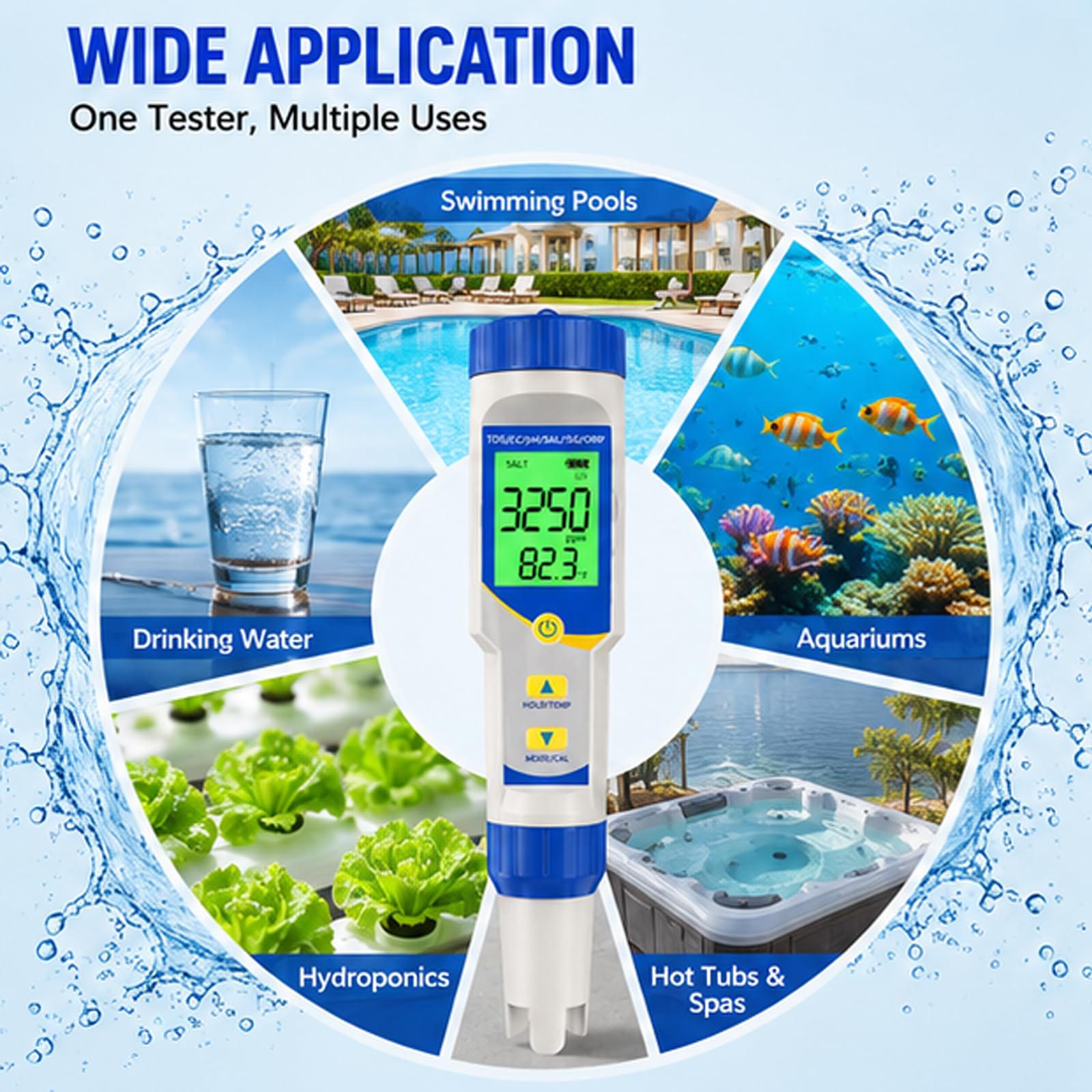 Probador de sal para piscinas, kit de prueba de salinidad digital de alta precisión con medidor de sal ORP de pH, medidor de cloro y termómetro de lectura para piscinas de agua salada Spa